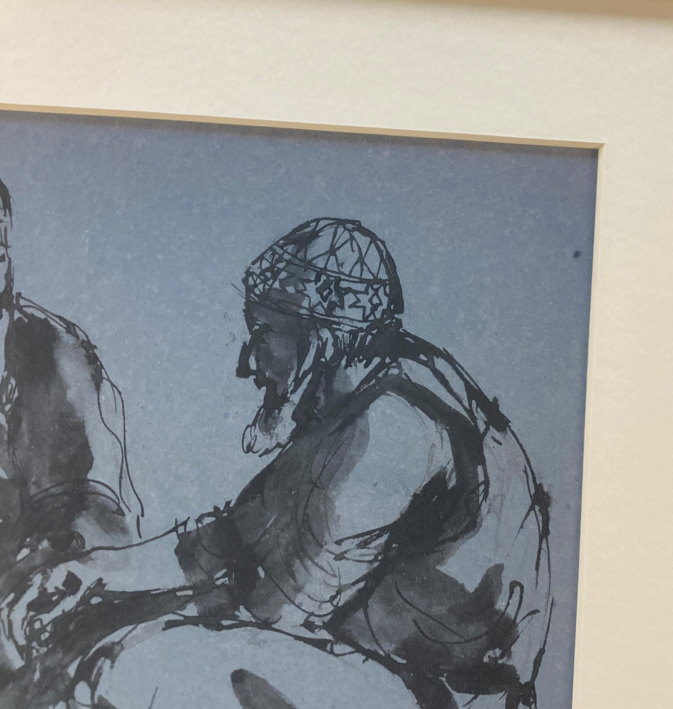 XXIe siècle et contemporain Grand dessin encadré et verni à l'encre et au lavis de deux hommes turcs en vente