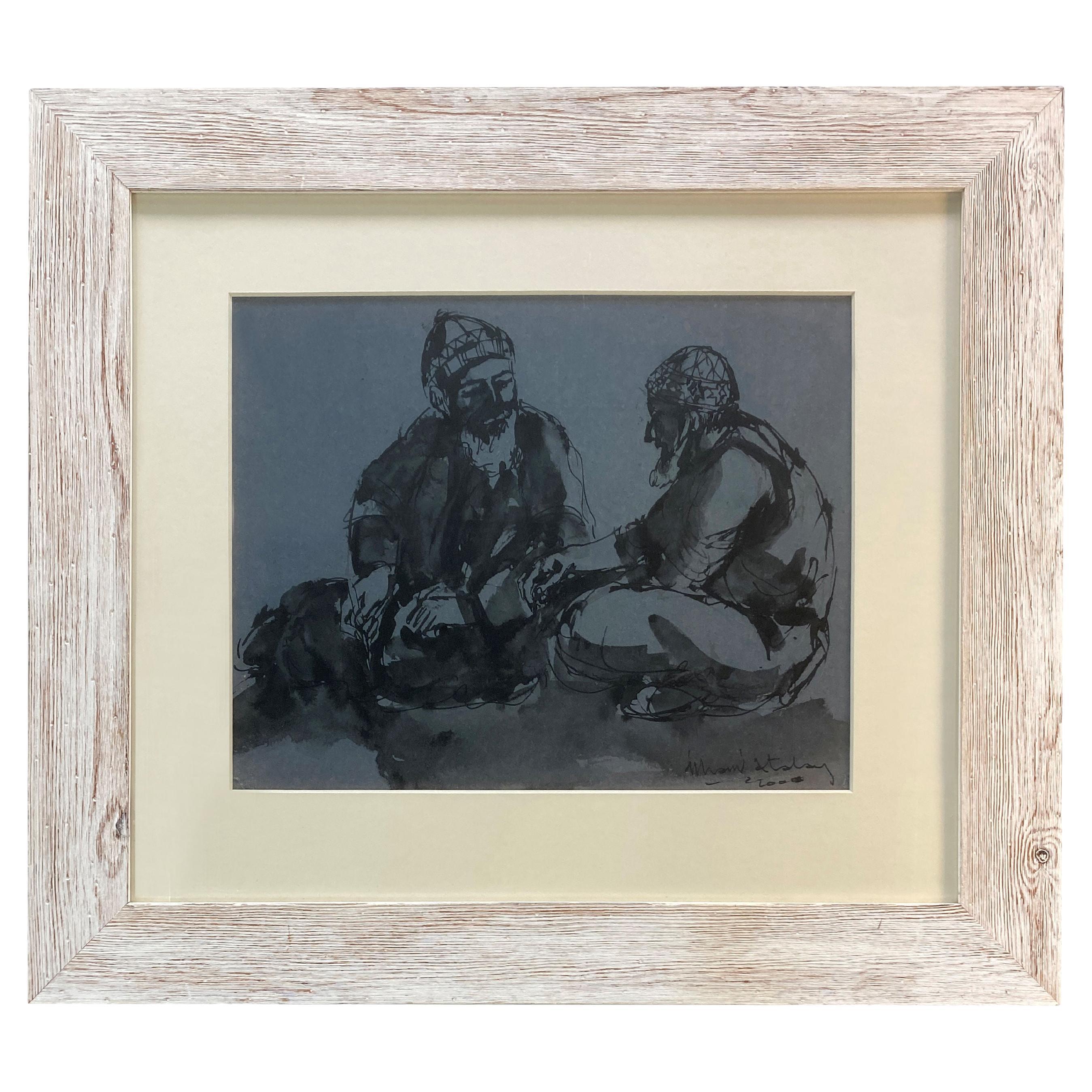 Grand dessin encadré et verni à l
encre et au lavis de deux hommes turcs en vente