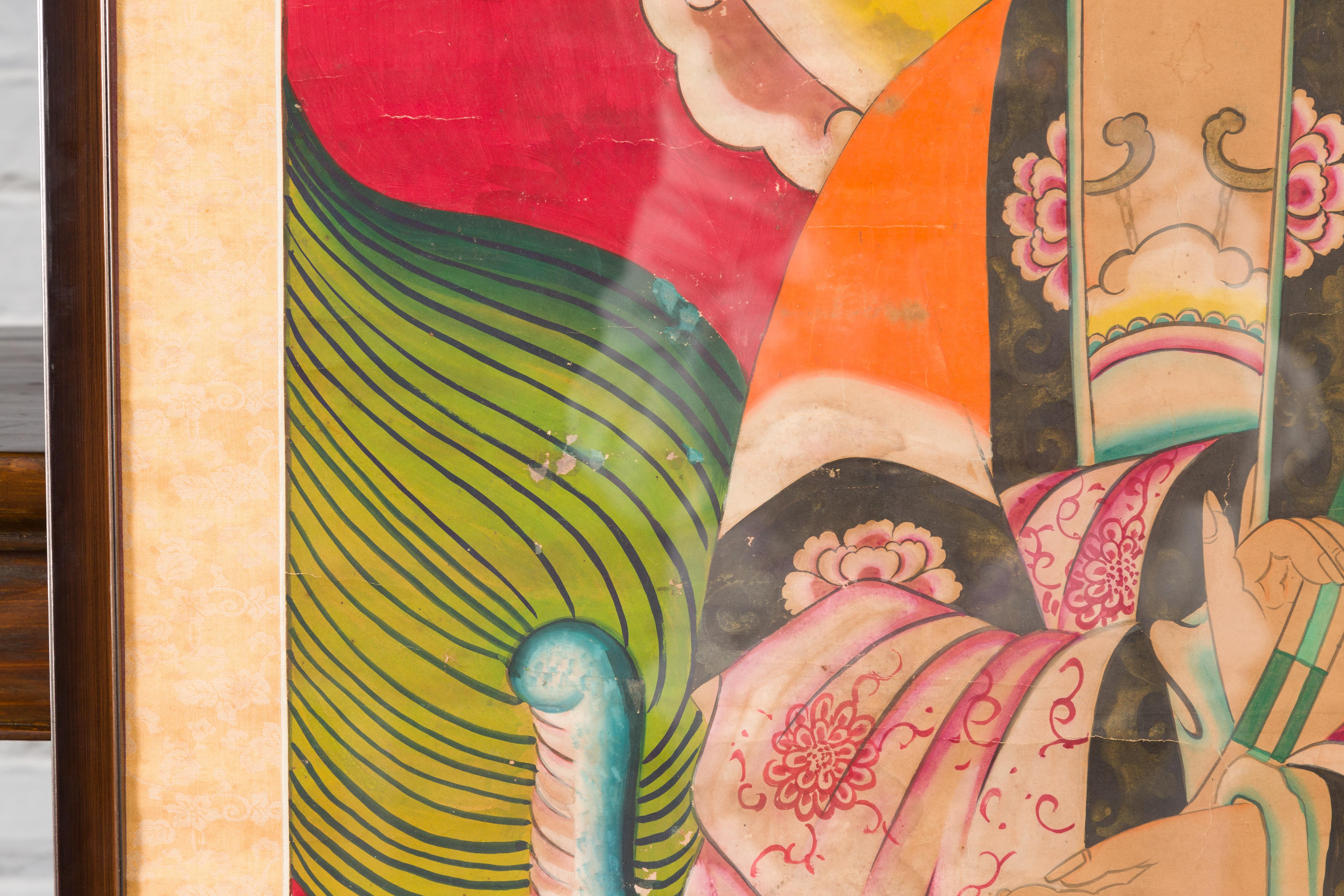 Grande peinture indienne du 19ème siècle encadrée représentant Guanyin assis sur un dragon en vente 2