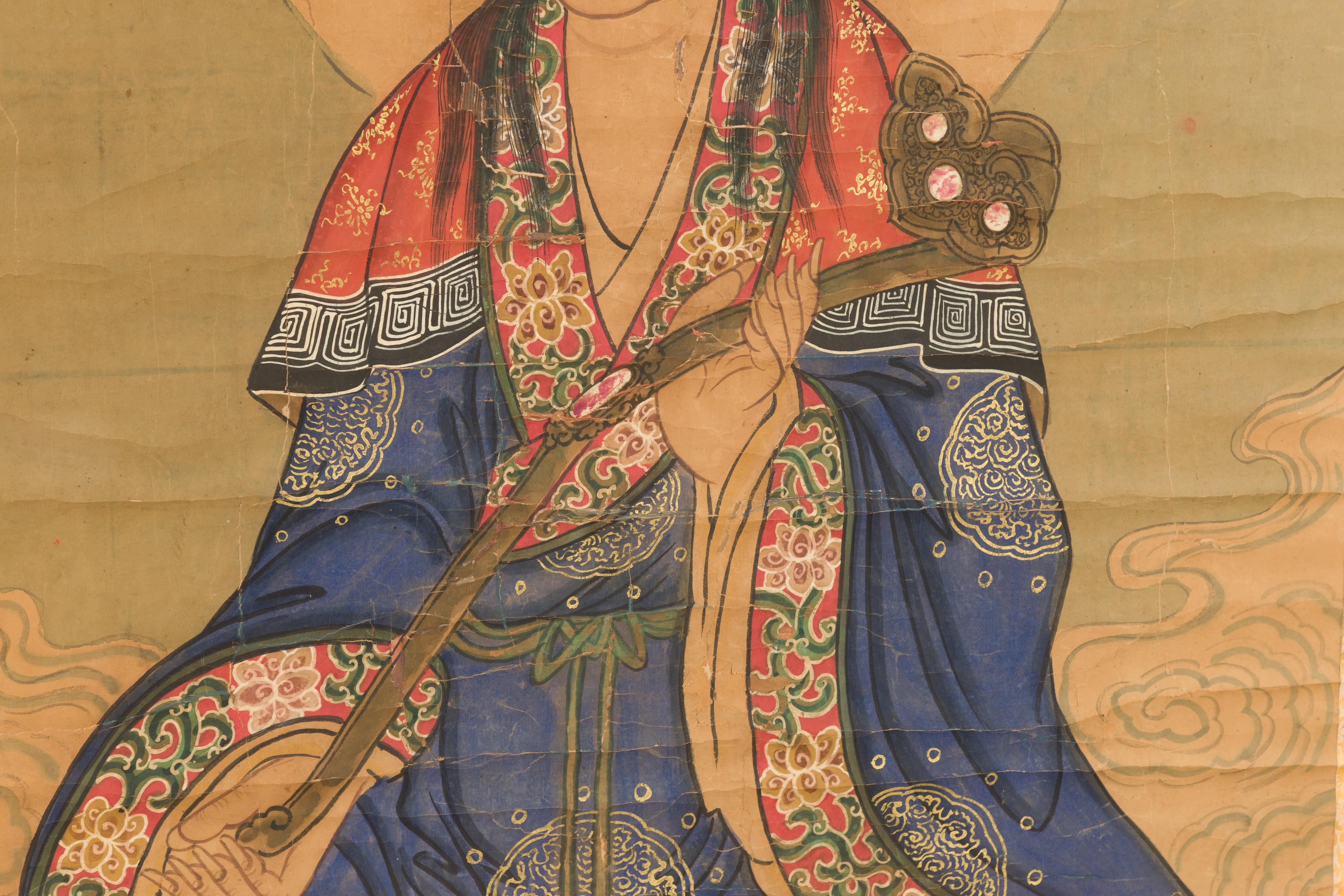 Grande peinture indienne du 19ème siècle encadrée représentant Guanyin assis sur un dragon en vente 3