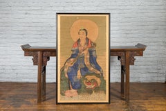 Large Framed Indian 19th Century Painting of Guanyin Sitting on a Dragon