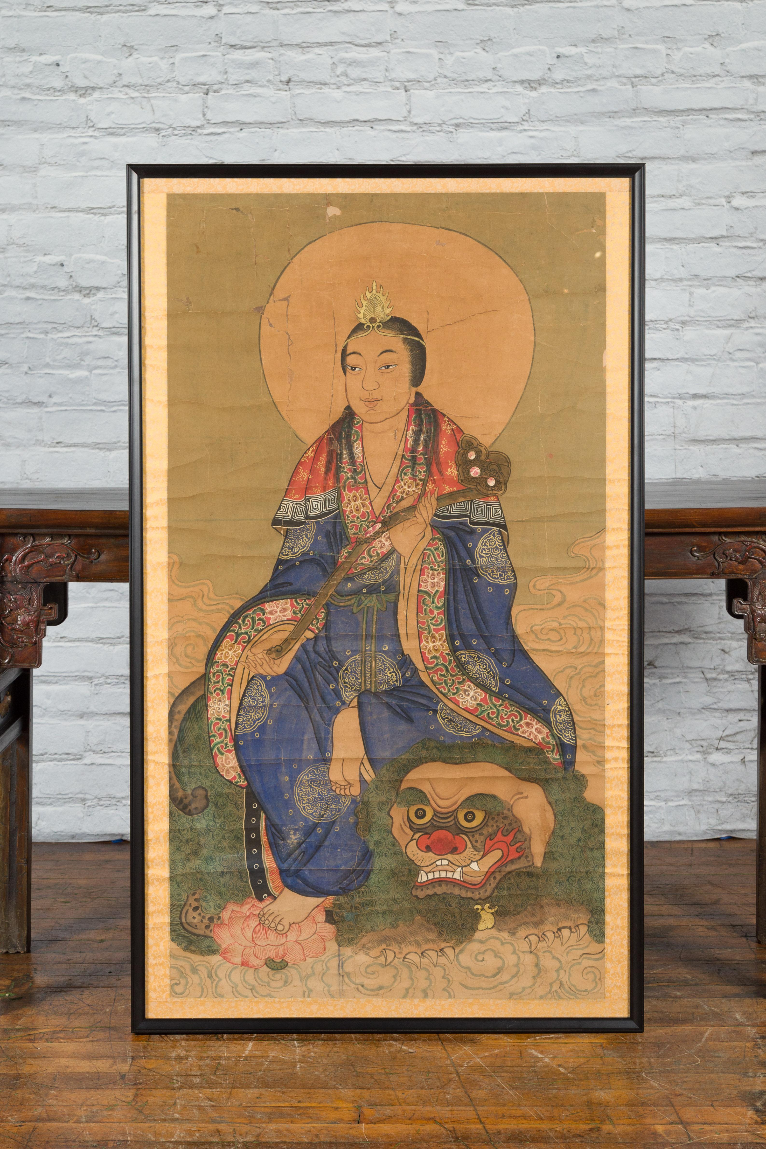 Indien Grande peinture indienne du 19ème siècle encadrée représentant Guanyin assis sur un dragon en vente