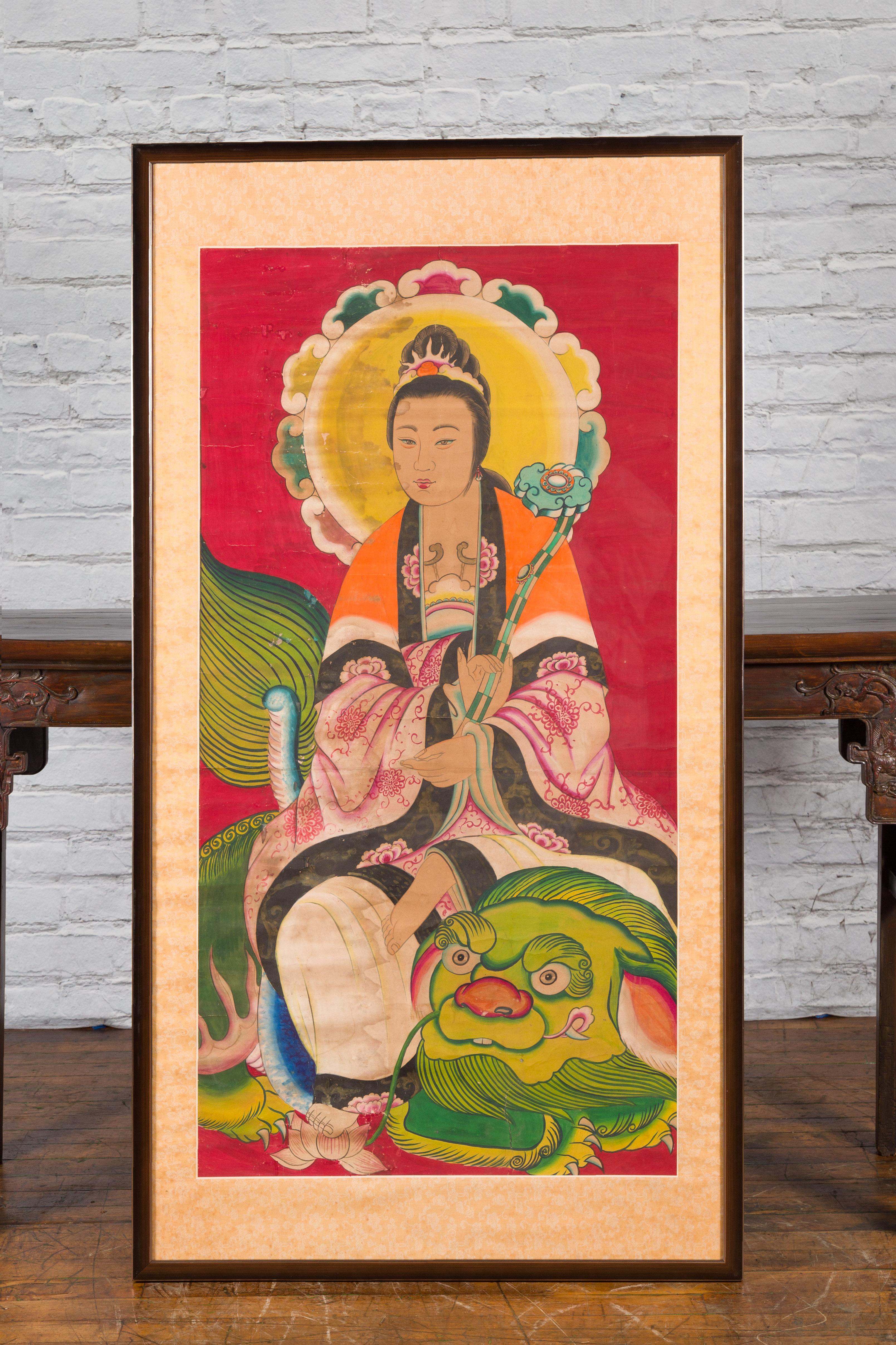 Hand-Painted Large Framed Indian 19th Century Painting of Guanyin Sitting on a Dragon For Sale