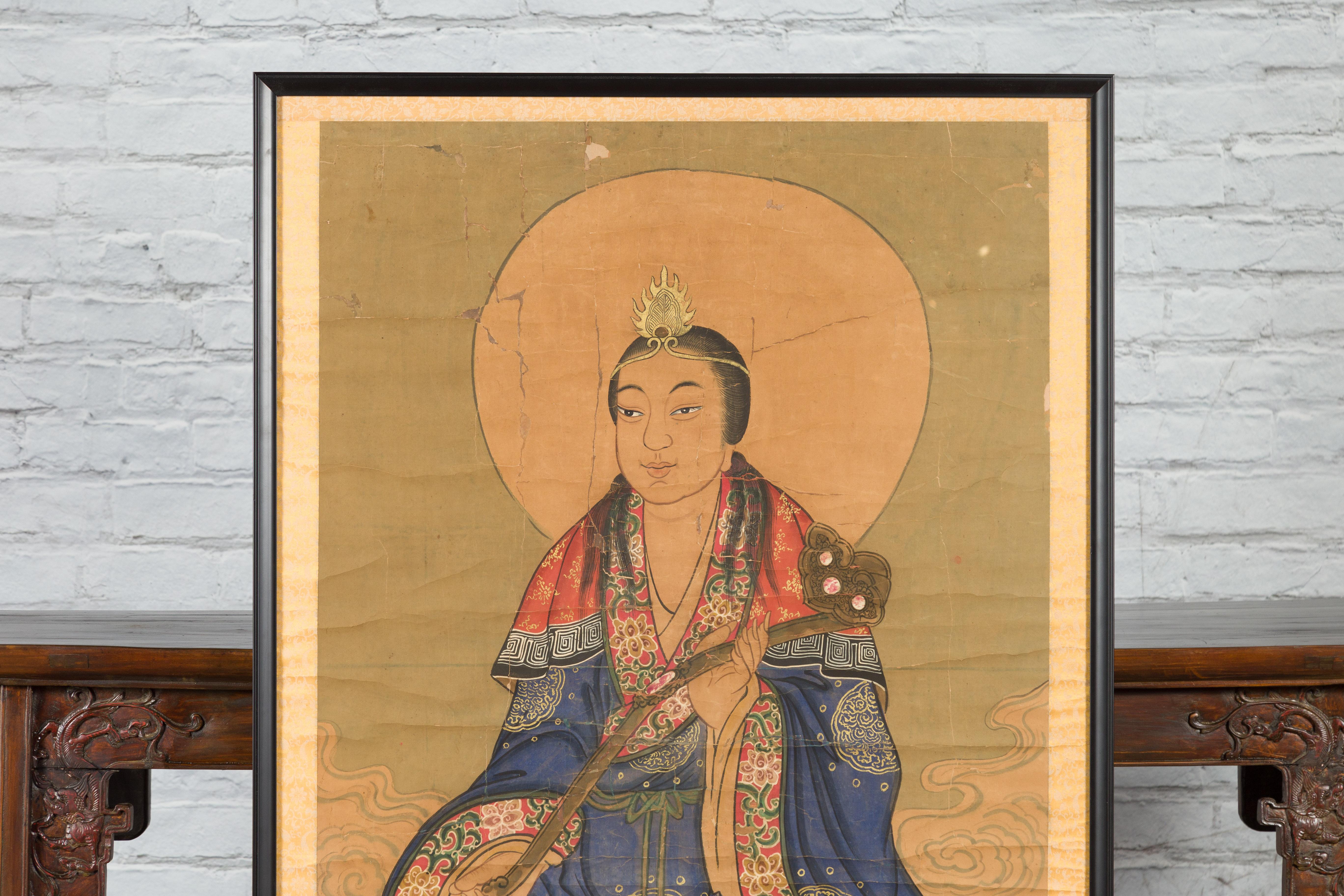 Peint à la main Grande peinture indienne du 19ème siècle encadrée représentant Guanyin assis sur un dragon en vente