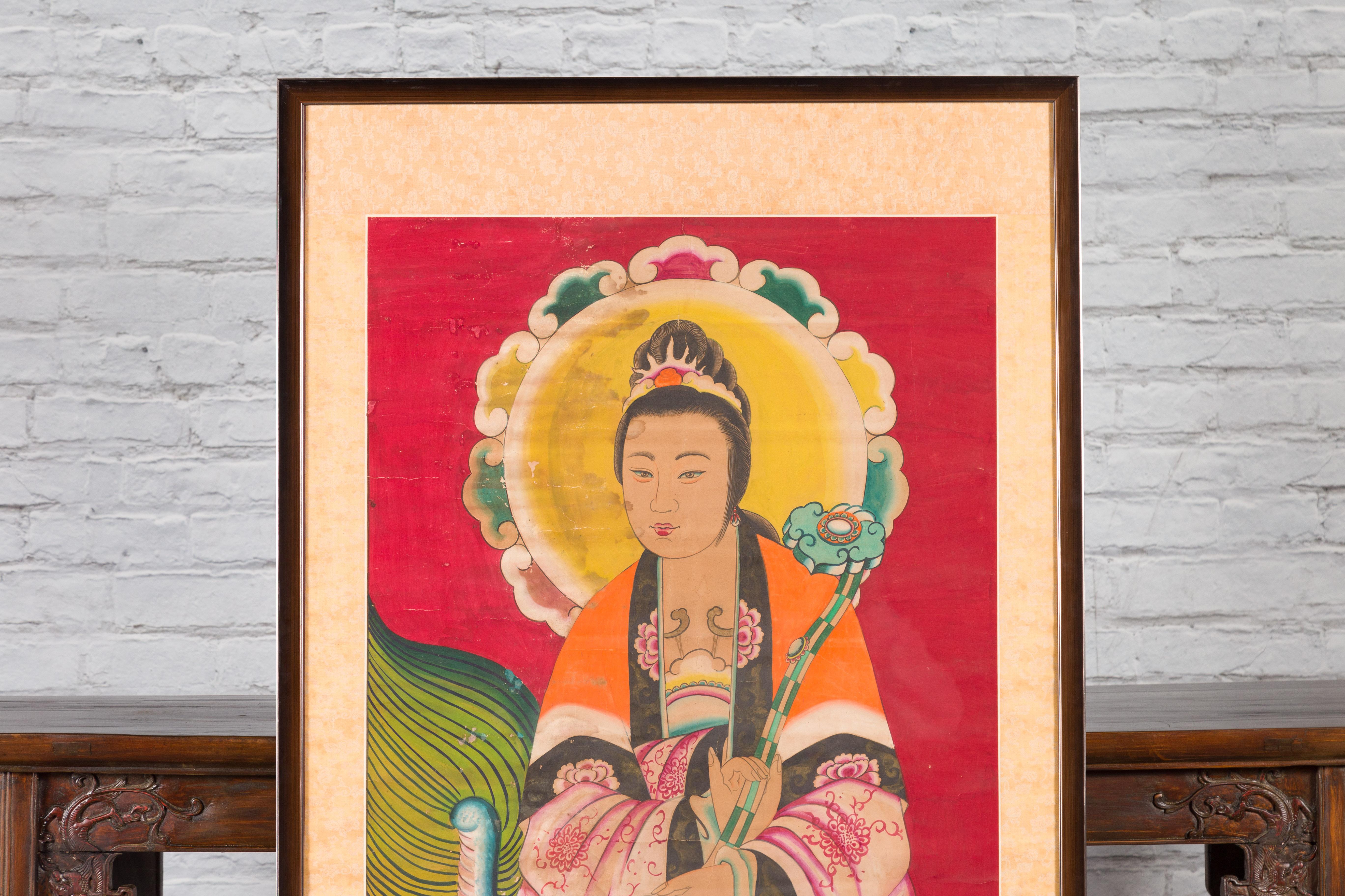 Large Framed Indian 19th Century Painting of Guanyin Sitting on a Dragon In Good Condition For Sale In Yonkers, NY