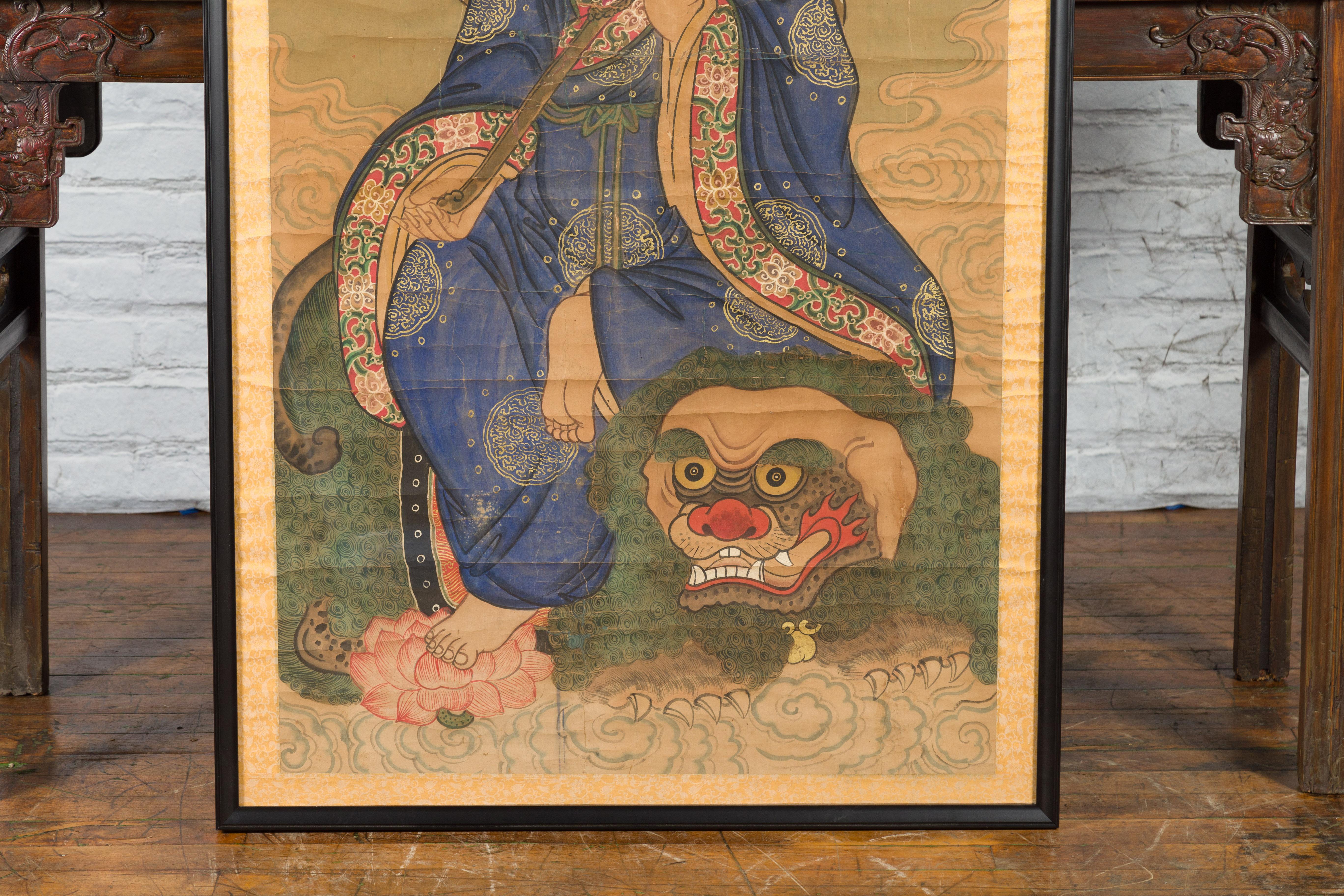 Grande peinture indienne du 19ème siècle encadrée représentant Guanyin assis sur un dragon Bon état - En vente à Yonkers, NY