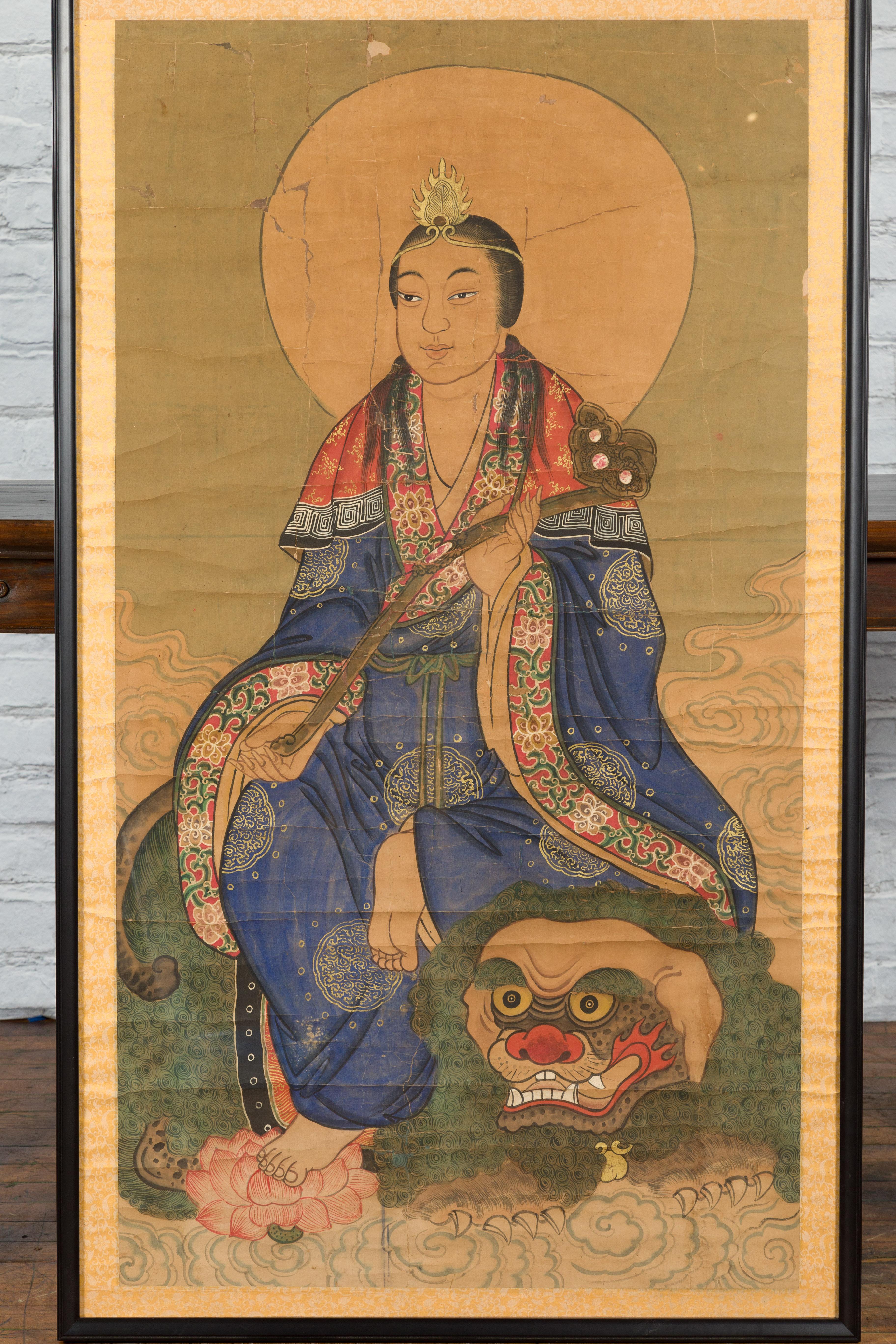 Hand-Painted Large Framed Indian 19th Century Painting of Guanyin Sitting on a Dragon For Sale