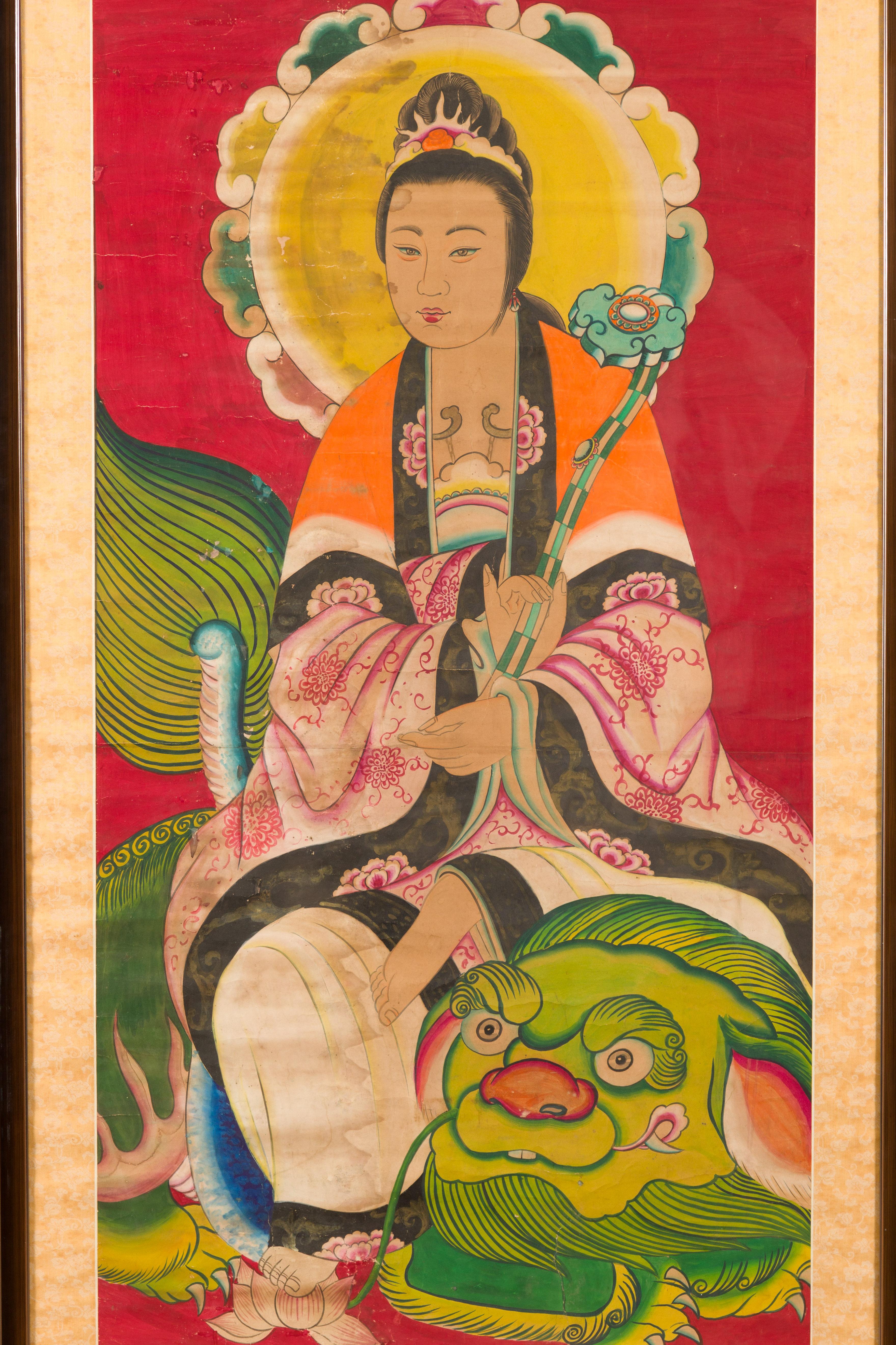 XIXe siècle Grande peinture indienne du 19ème siècle encadrée représentant Guanyin assis sur un dragon en vente