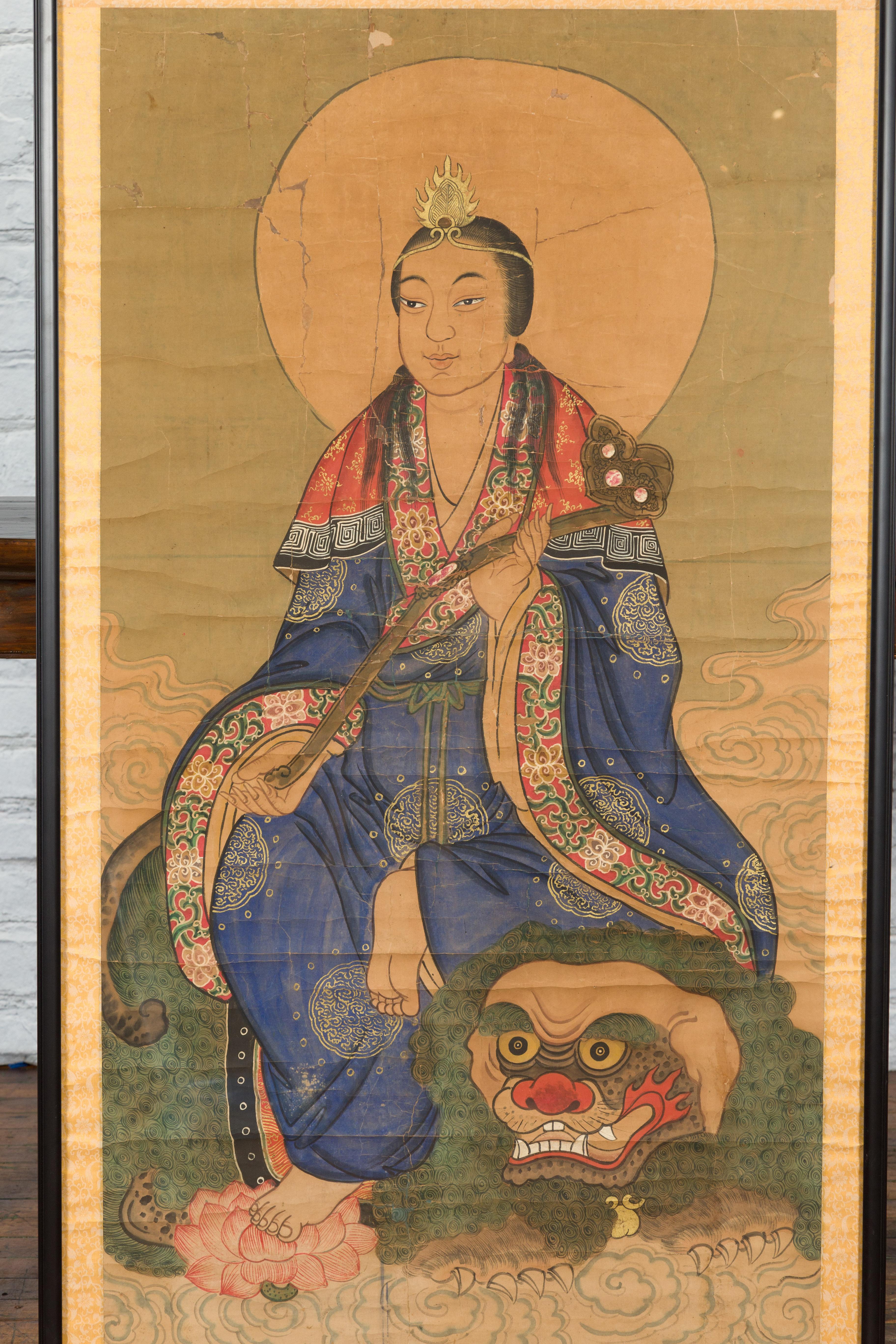 Large Framed Indian 19th Century Painting of Guanyin Sitting on a Dragon In Good Condition For Sale In Yonkers, NY