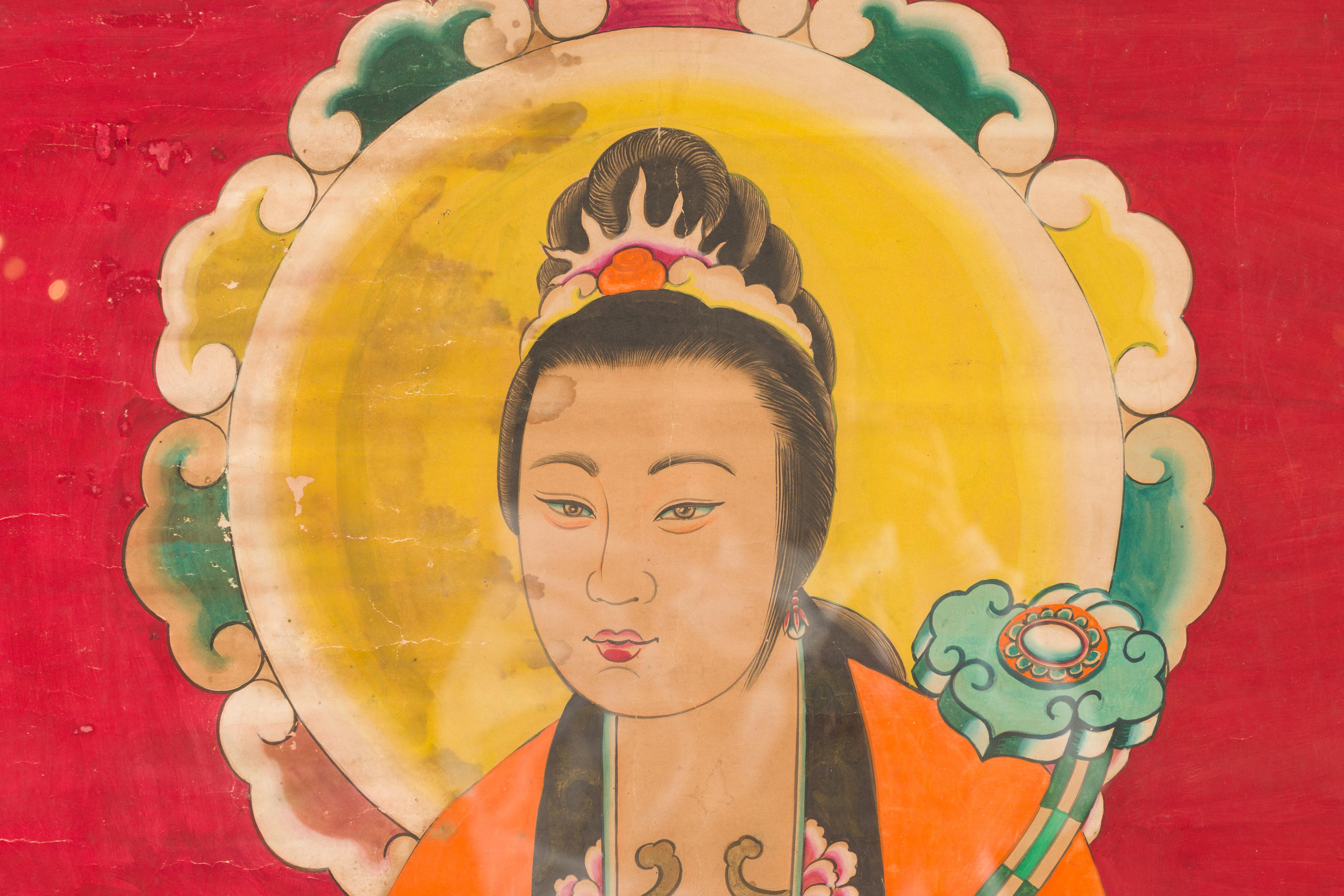 Tissu Grande peinture indienne du 19ème siècle encadrée représentant Guanyin assis sur un dragon en vente