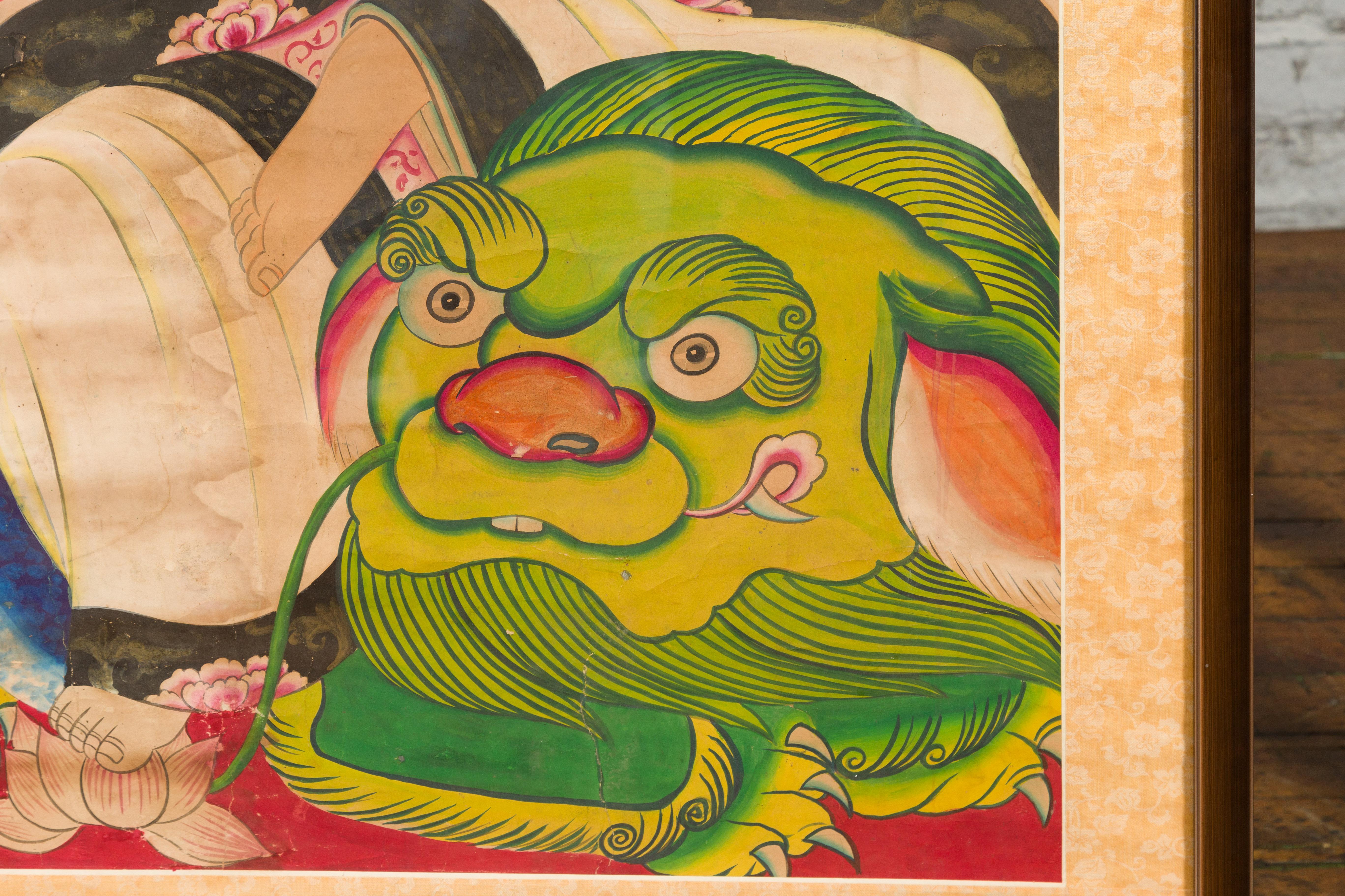 Grande peinture indienne du 19ème siècle encadrée représentant Guanyin assis sur un dragon en vente 1