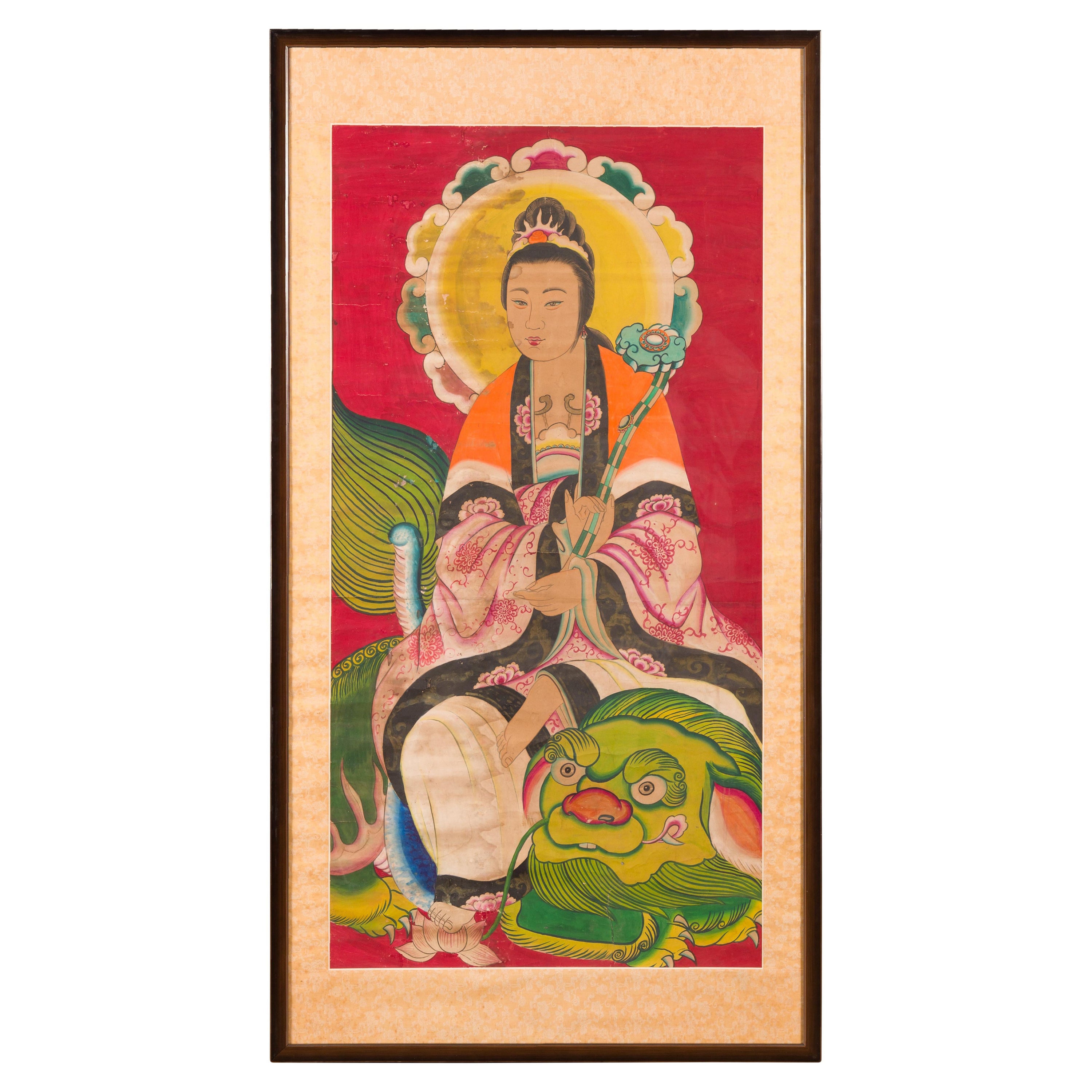Large Framed Indian 19th Century Painting of Guanyin Sitting on a Dragon