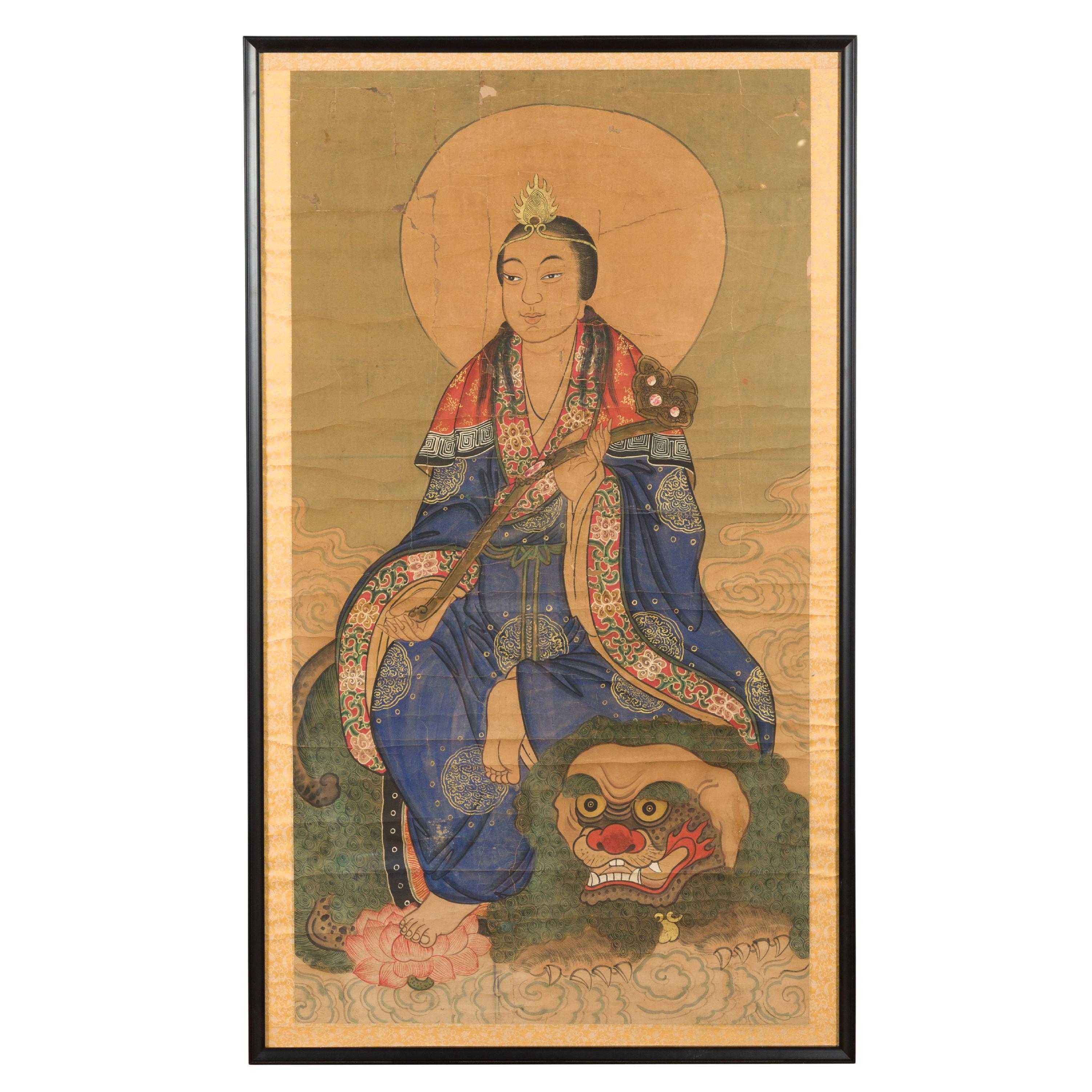 Large Framed Indian 19th Century Painting of Guanyin Sitting on a Dragon For Sale