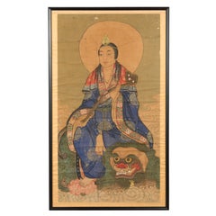 Antique Large Framed Indian 19th Century Painting of Guanyin Sitting on a Dragon