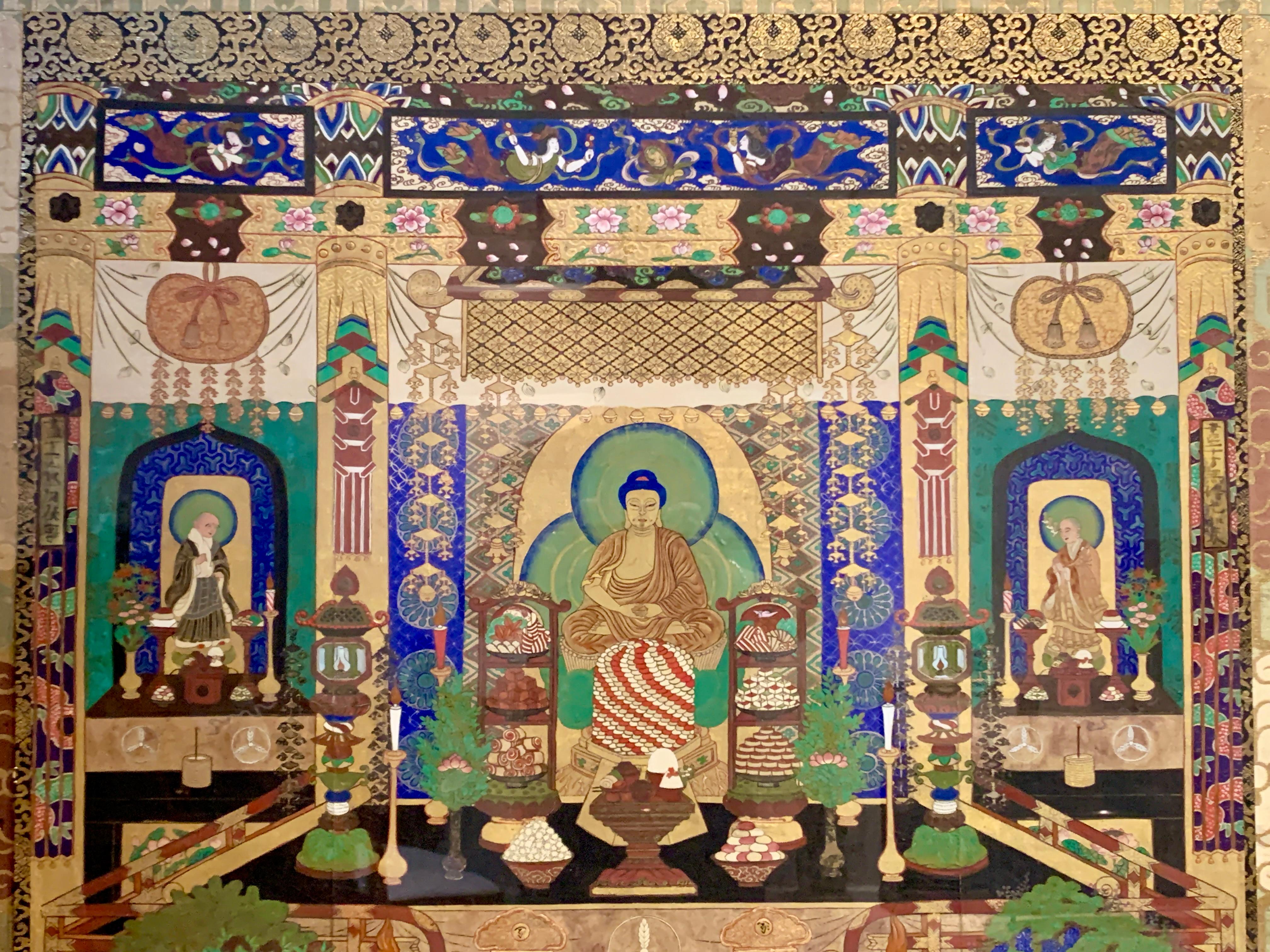 Meiji Grande peinture de temple bouddhiste japonaise Amida encadrée, milieu du 19e siècle en vente