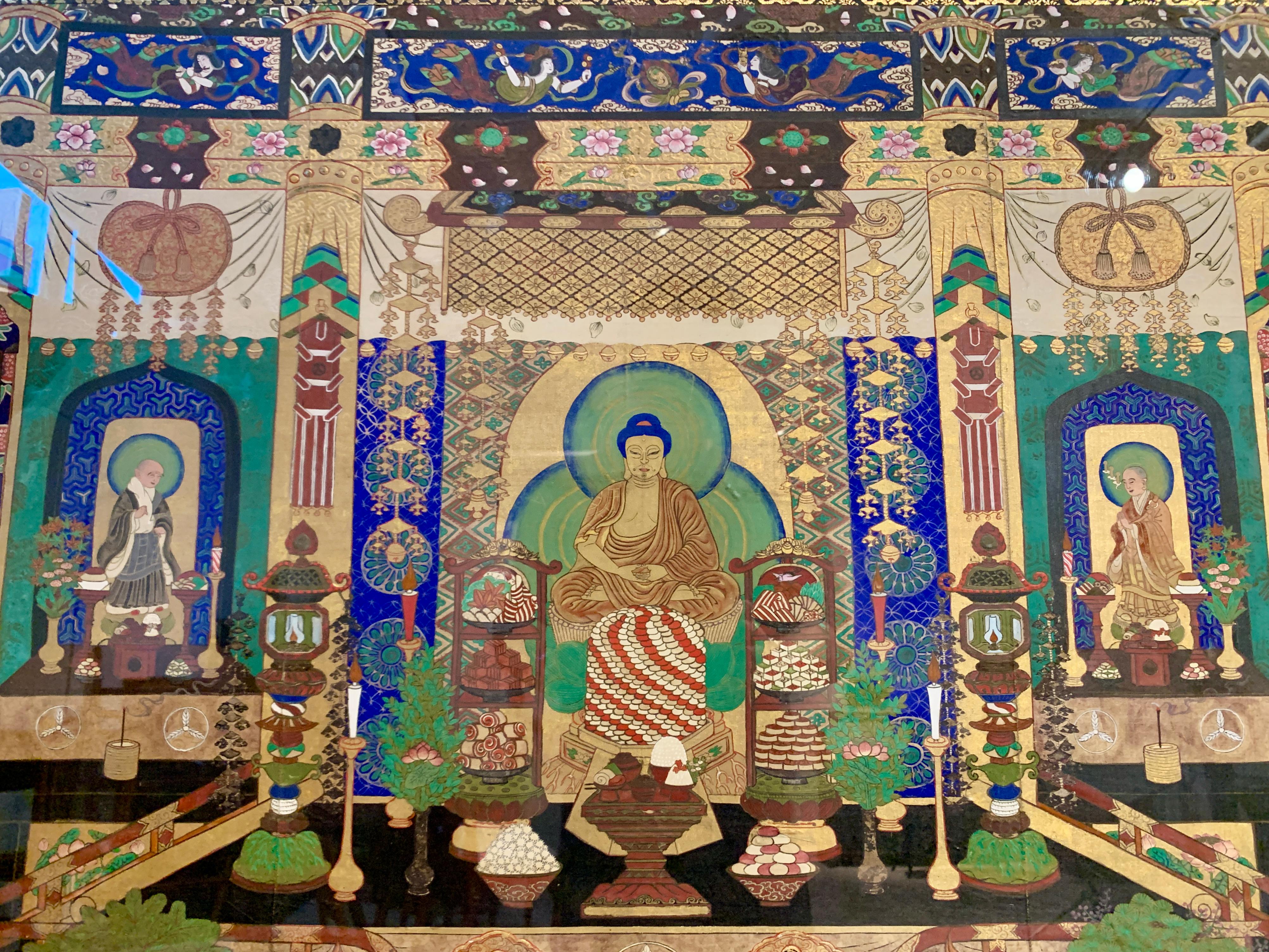 Meiji Large Framed Japanese Buddhist Amida Temple Hall Painting, Mid-19th Century For Sale