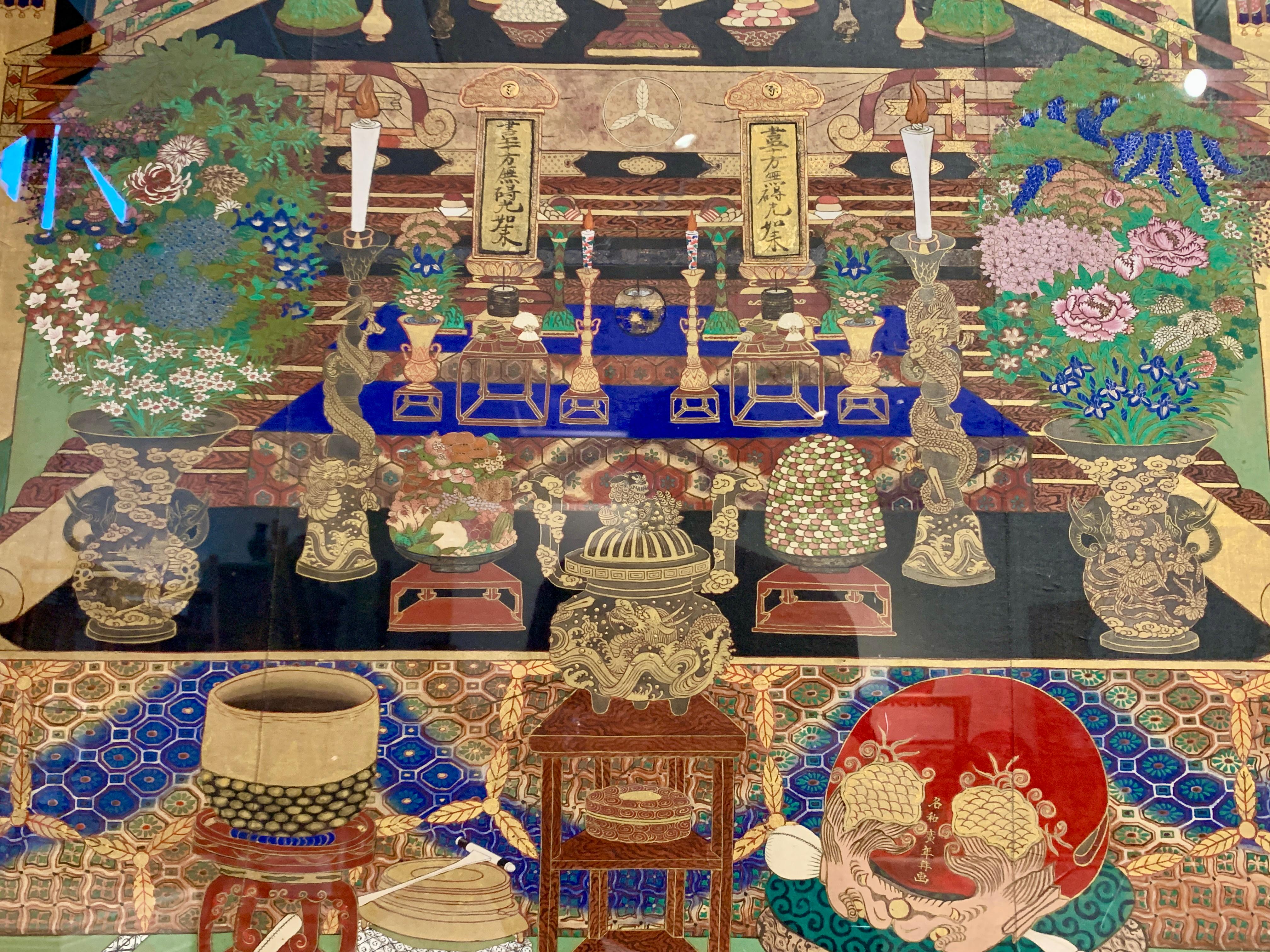 Large Framed Japanese Buddhist Amida Temple Hall Painting, Mid-19th Century For Sale 2