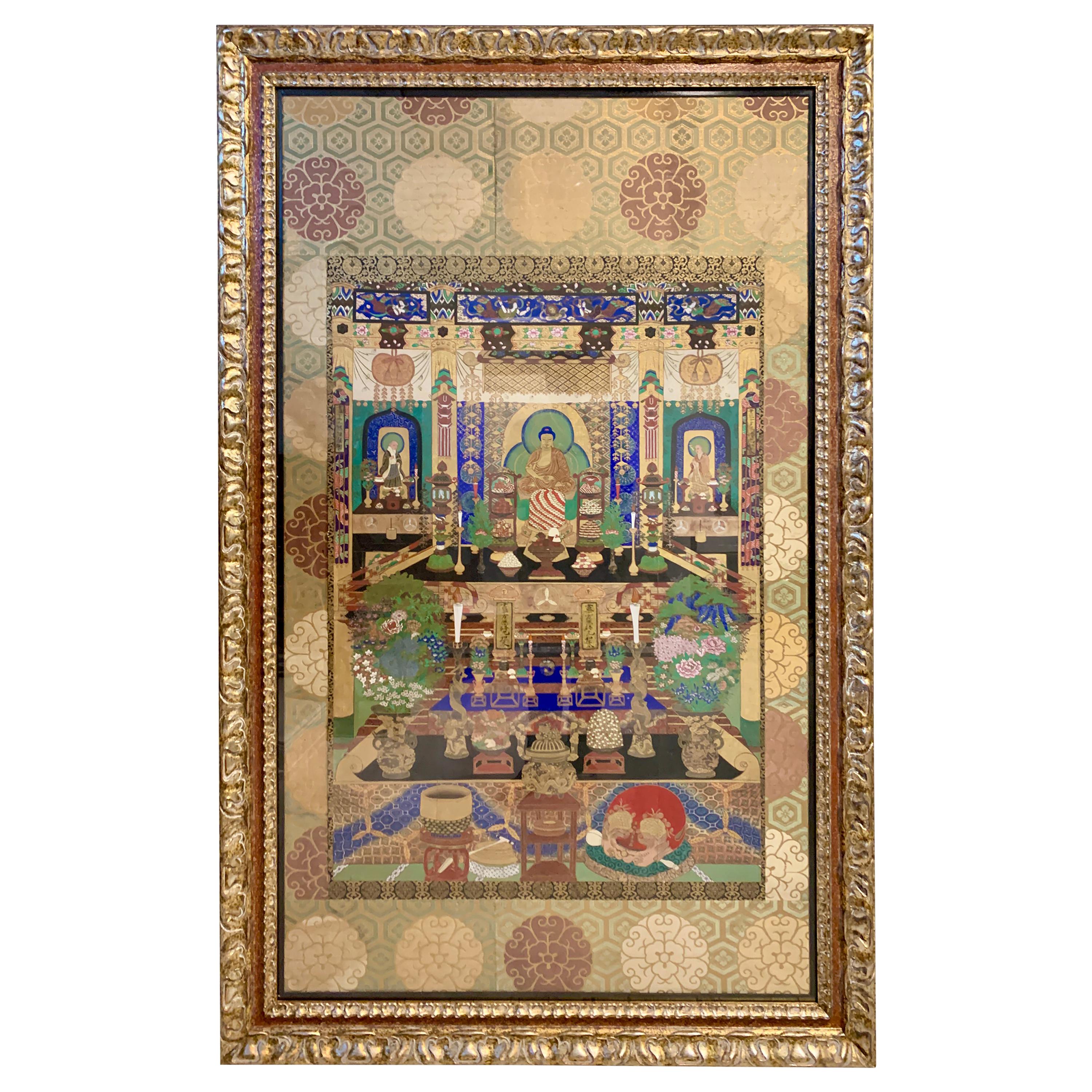 Large Framed Japanese Buddhist Amida Temple Hall Painting, Mid-19th Century