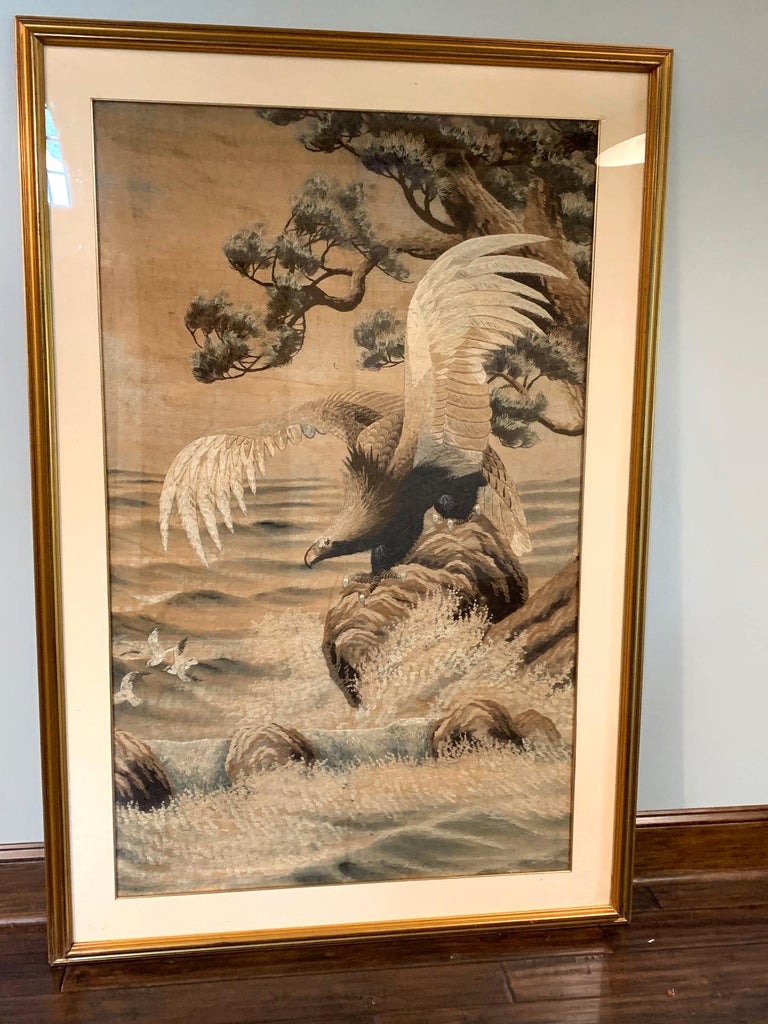 Large Framed Japanese Embroidery Tapestry For Sale at 1stdibs