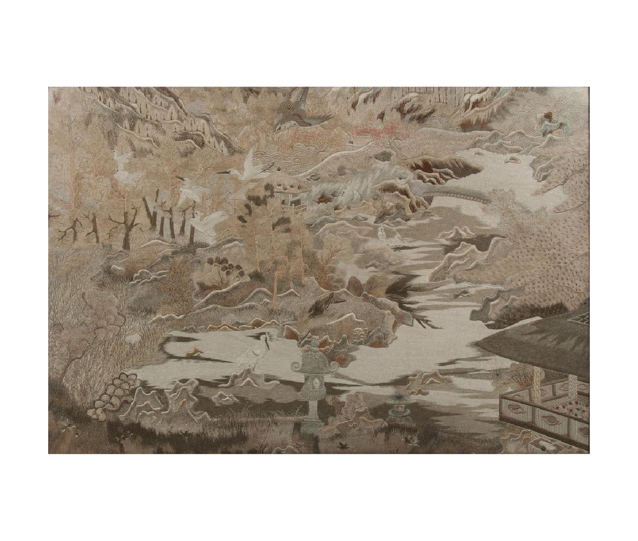 A large and impressive Japanese embroidery tapestry from late Meiji Period. This splendid silk embroidery in stunning technical detail depicts a lake scene nested between rocky hills. Pavilions near and far, stone lantern and wood bridge dot the
