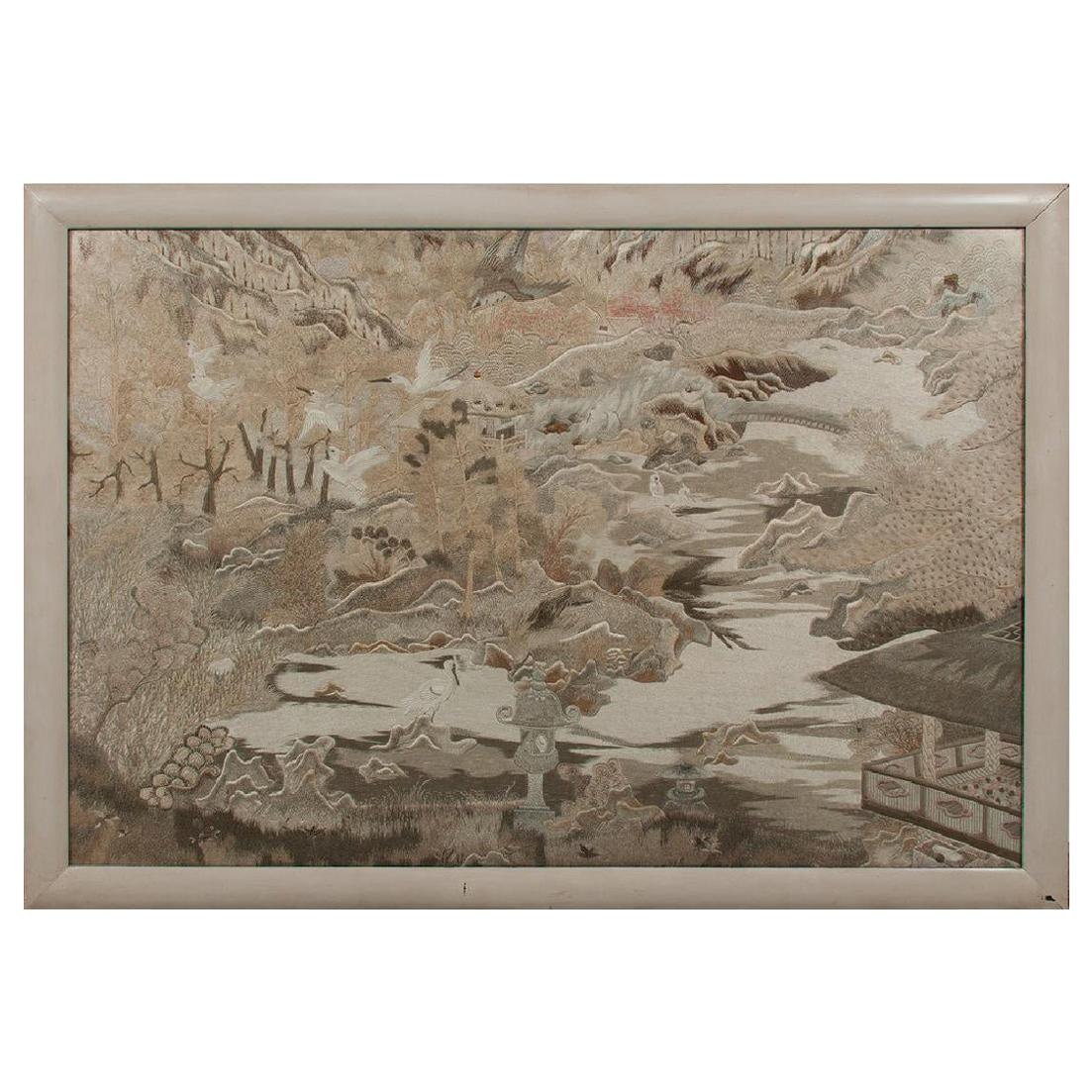 Large Framed Japanese Embroidery Textile Panel Meiji Period