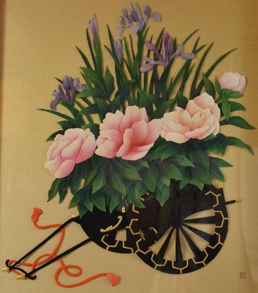 Large Framed Japanese Traditional Silk And Brocade Decorative Art