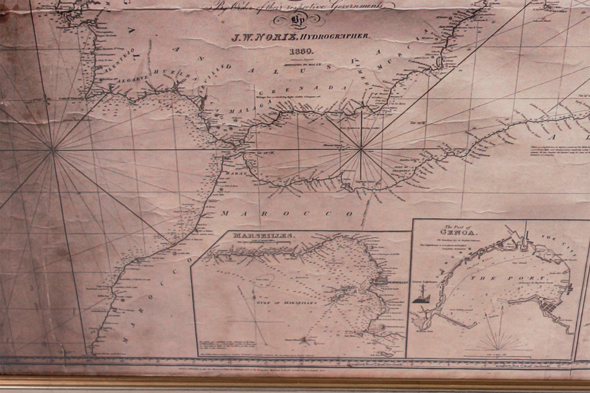 Large map/chart chart of The Mediterranean and the Grecian Archipelago showing Italy, Sardinia, Corsica, part of France, etc. in a black frame.