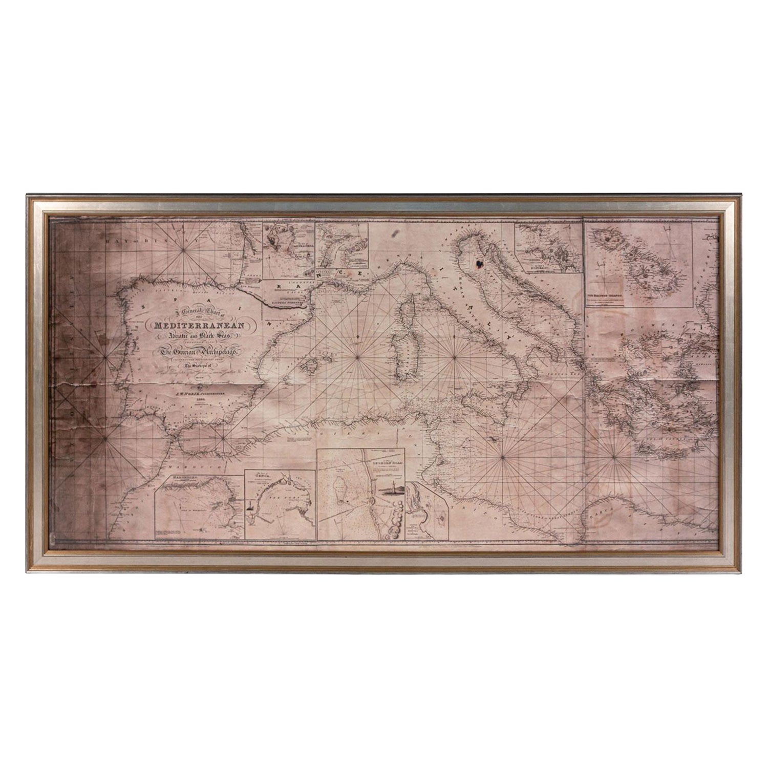 Large Framed Map of the Mediterranean For Sale