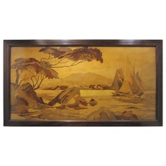 Large Framed Marquetry Inlaid Scenic Wood Panel