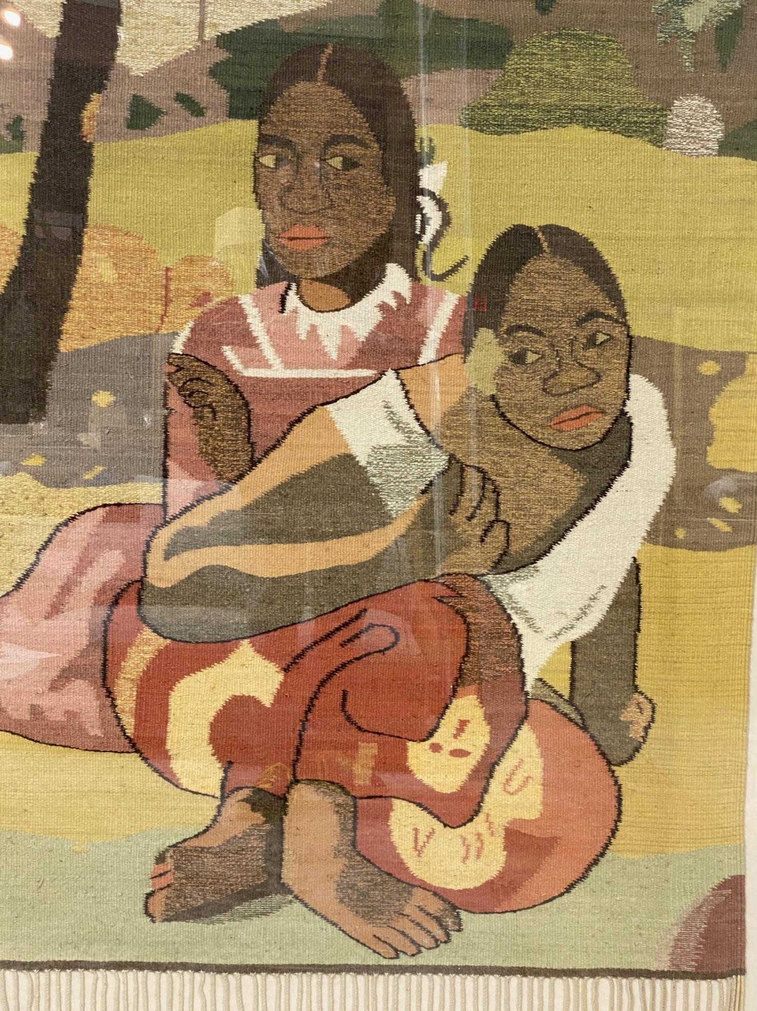 Hand-Crafted Large Framed Midcentury Pictorial Weaving Tapestry in the Style of Paul Gauguin