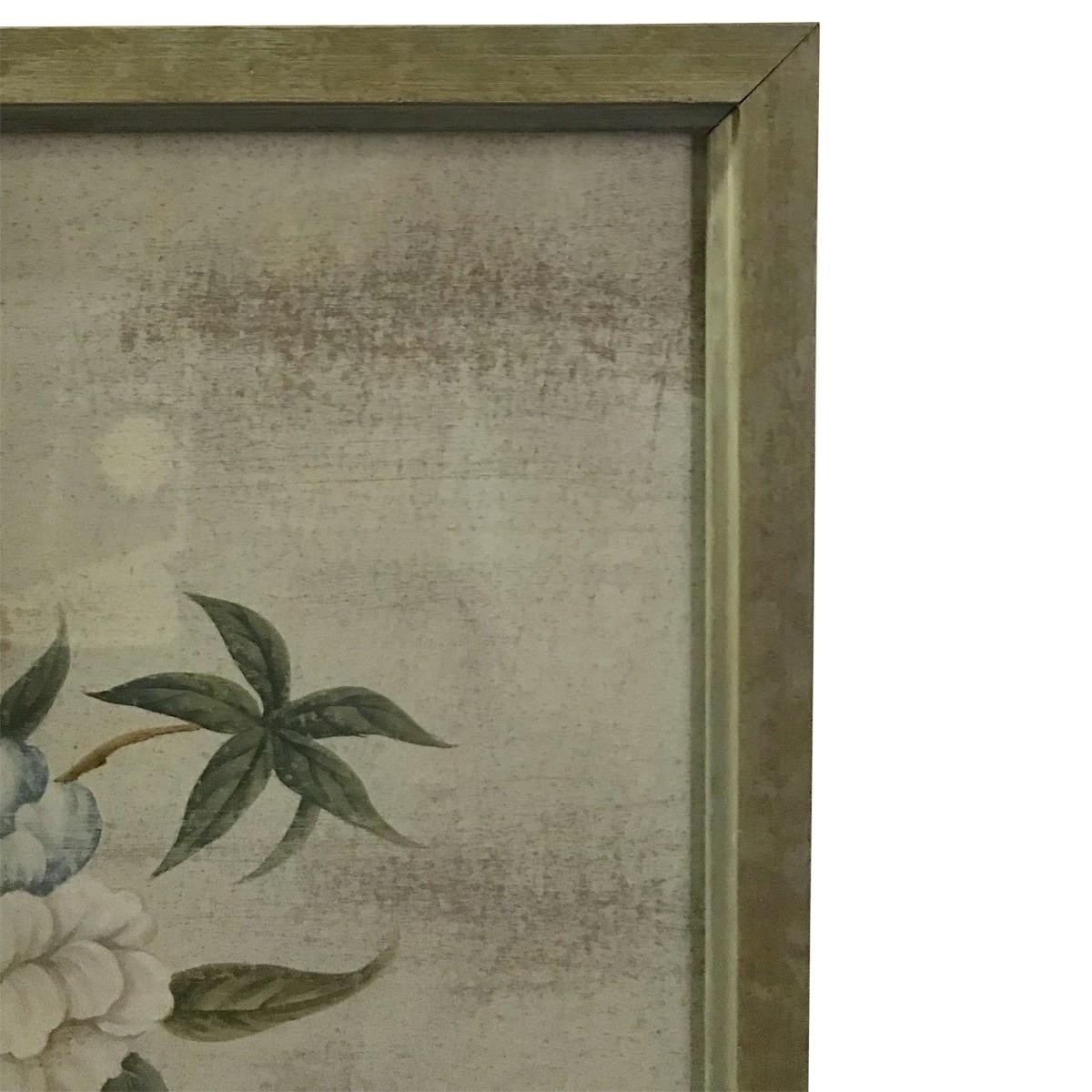 Large modern midcentury framed wallpaper panel by Gracie, Decorated with birds, flowers, and tree branches in browns, blues, greens, oranges, gold, and white.
Mounted.
Glazed with acrylic.
Silver-leaf wood frame.
D-ring hooks.
Measures: Width
