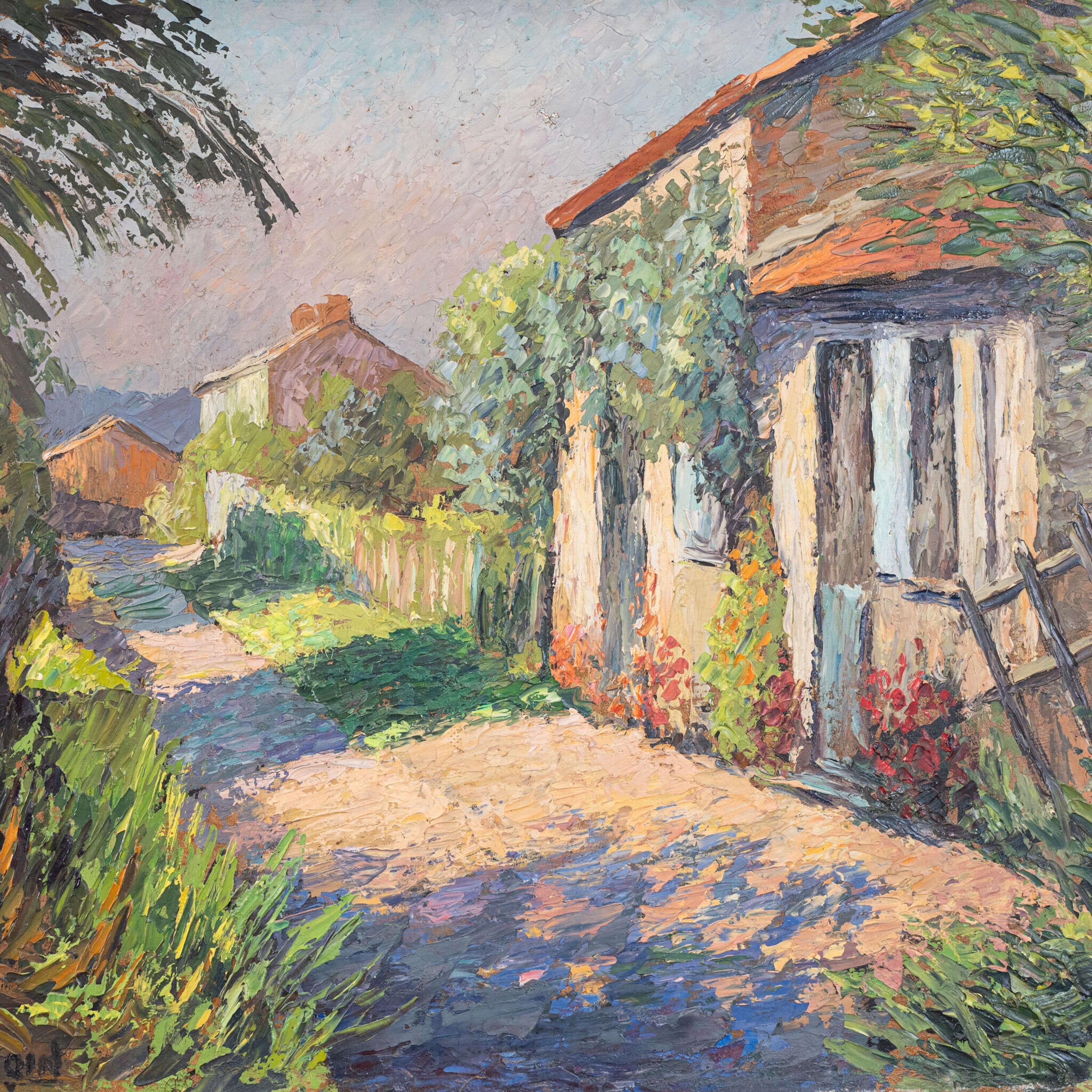 Großes gerahmtes Öl auf Karton: Eugène Mougin, Landhaus in Beauchène Frankreich (Handbemalt) im Angebot