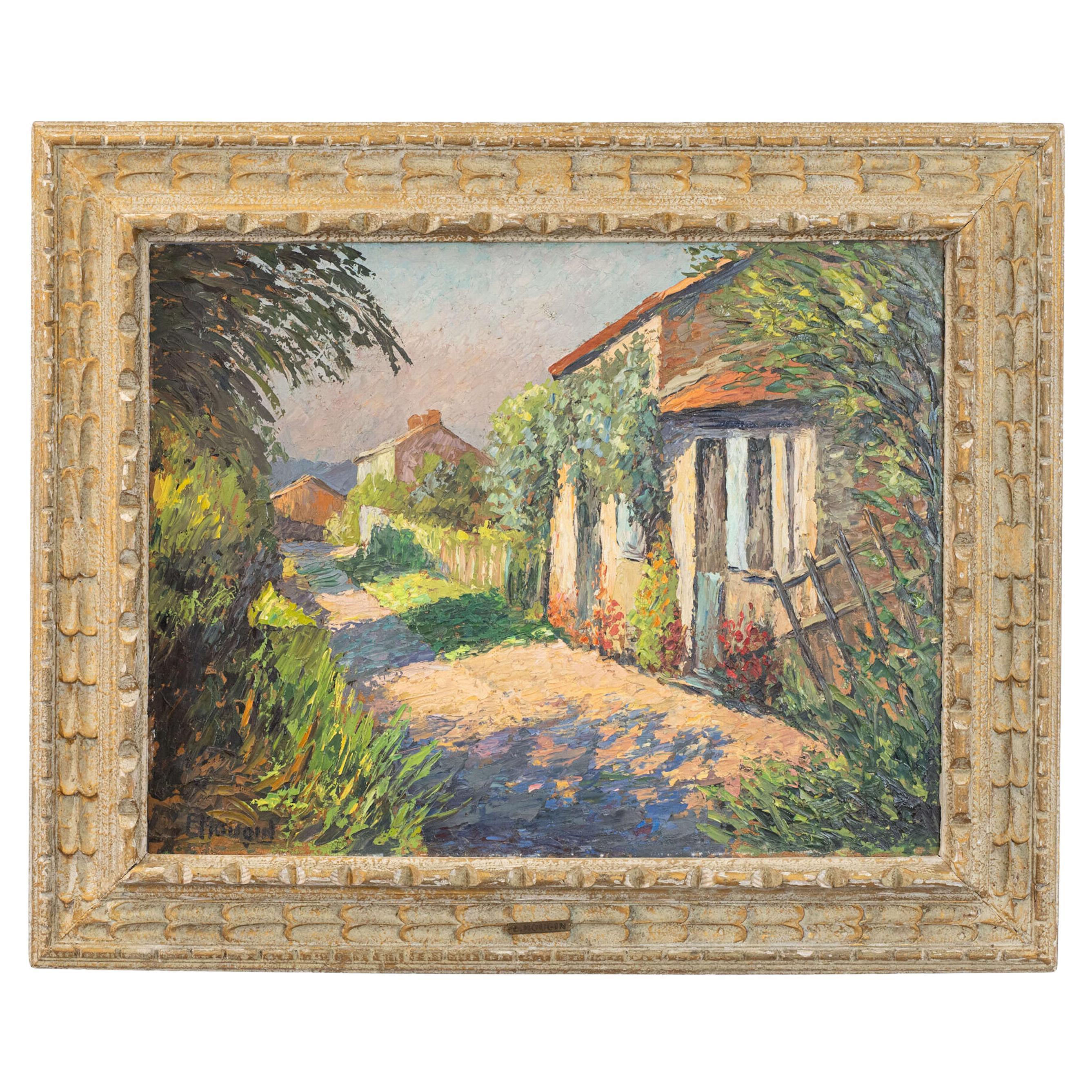 Großes gerahmtes Öl auf Karton: Eugène Mougin, Landhaus in Beauchène Frankreich