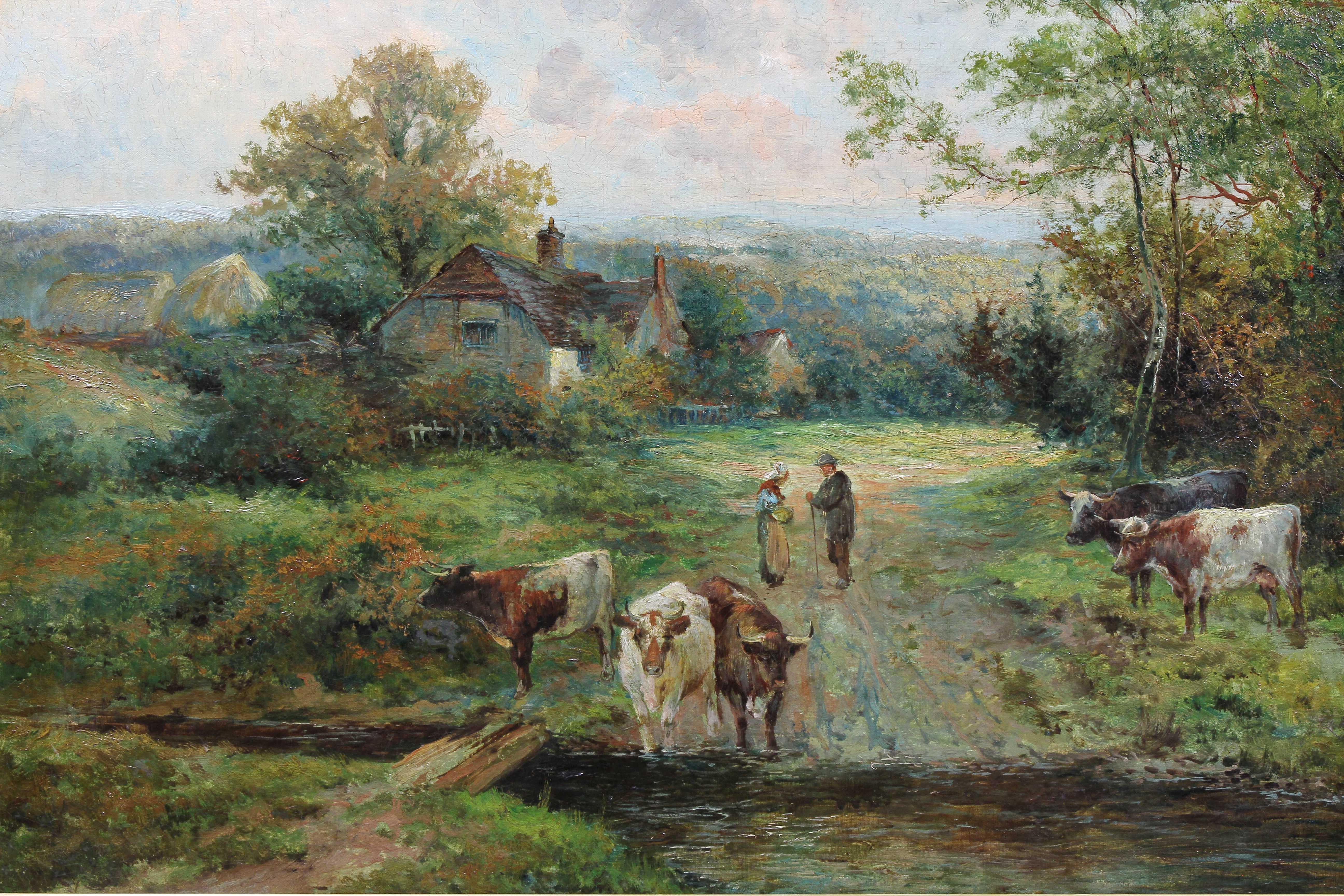 An impressive look and large size featuring a farmhouse with field,cows and farmers. In giltwood frame. The painting is fitted to the frame so part of the painting is covered by the frame. Signed Charles Clayton