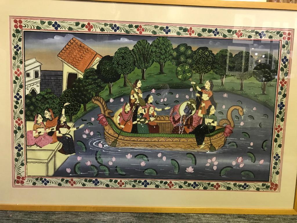 Unusually large, very decorative Indian gouache painting depicting a group of beautifully adorned Indian women helping to transport Lord Krishna by boat across a sacred lake. Quite unique with saturated colors. 

The work is painting on cloth,