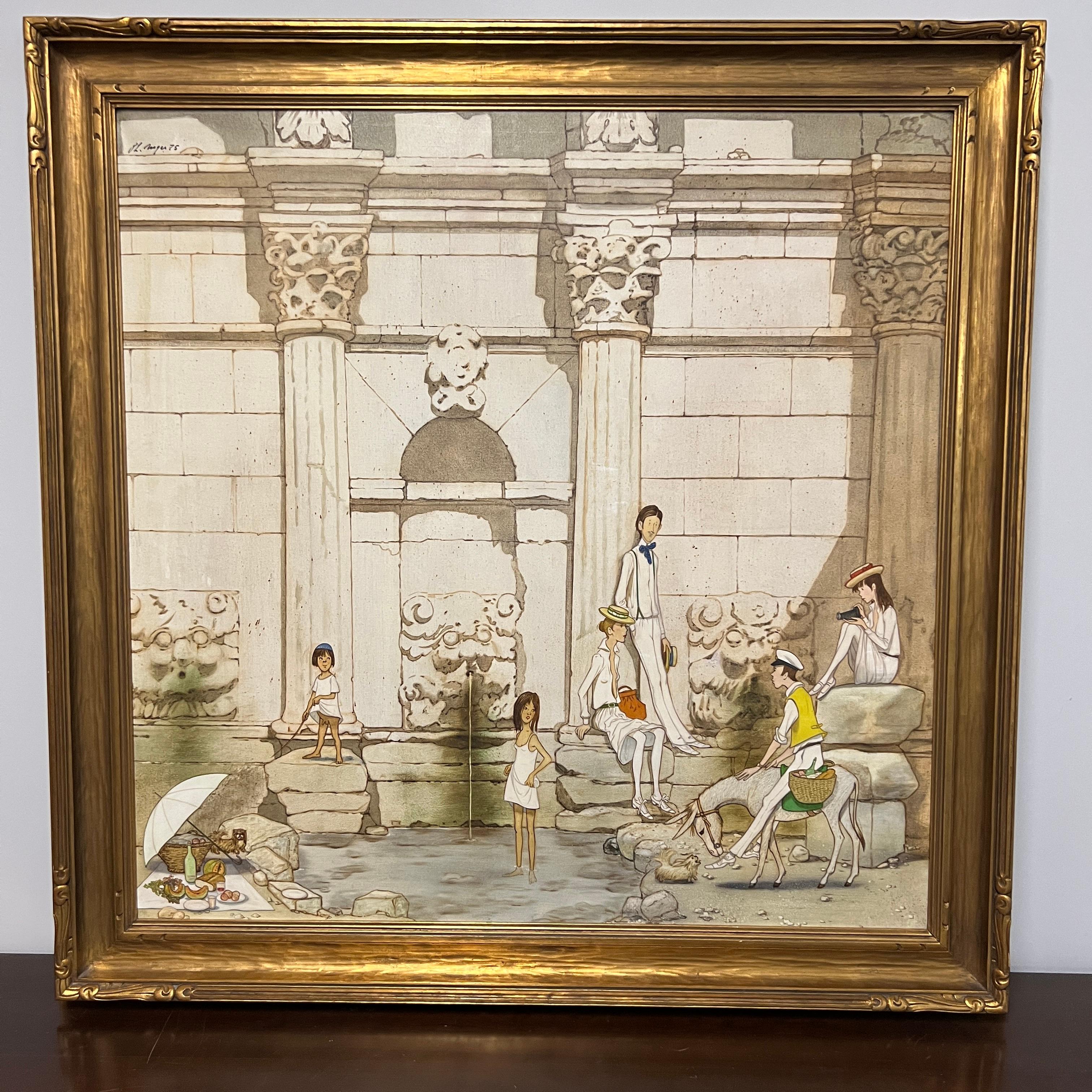 A lovely original original oil painting by French artist, Philippe Henri Noyer (1917-1985). Untitled.  This painting is signed and date 1975.  This incredible work features a family of six enjoying an afternoon picnic in or near a fountain.  There