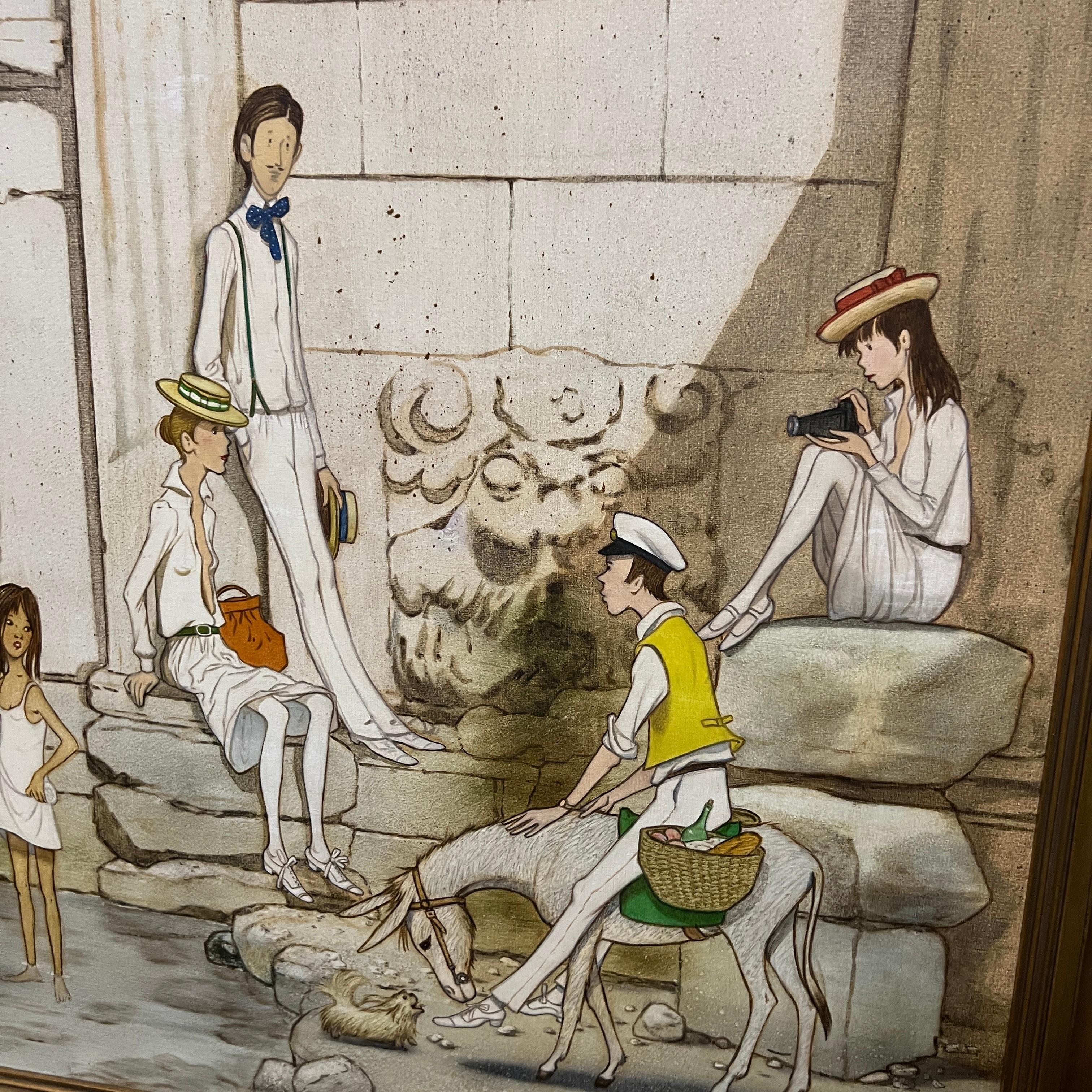 Large Framed Original Oil Painting of a Family Picnic by Philip Henri Noyer In Good Condition For Sale In Chicago, IL