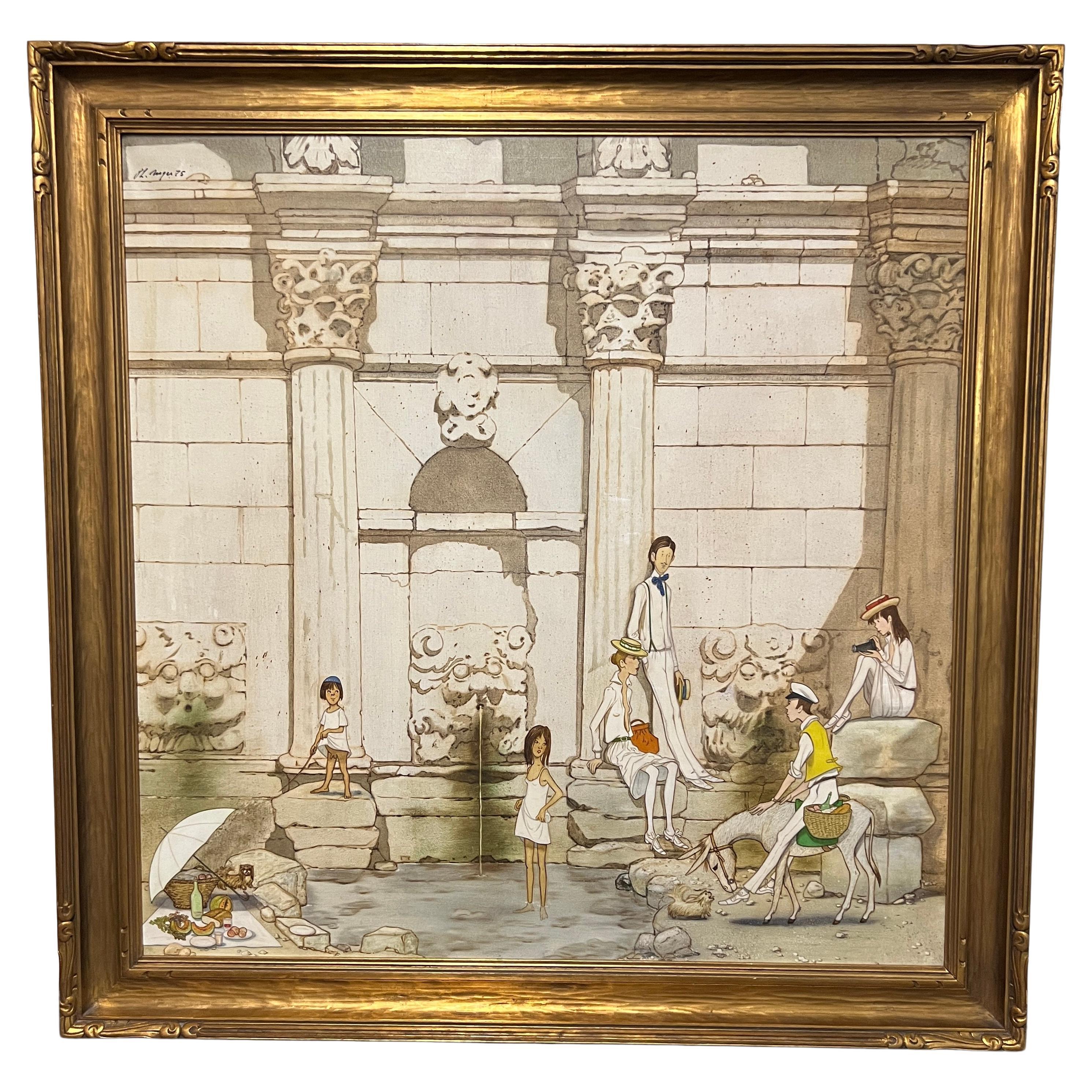 Quadro ad olio originale con cornice di grandi dimensioni raffigurante un picnic in famiglia di Philip Henri Noyer
