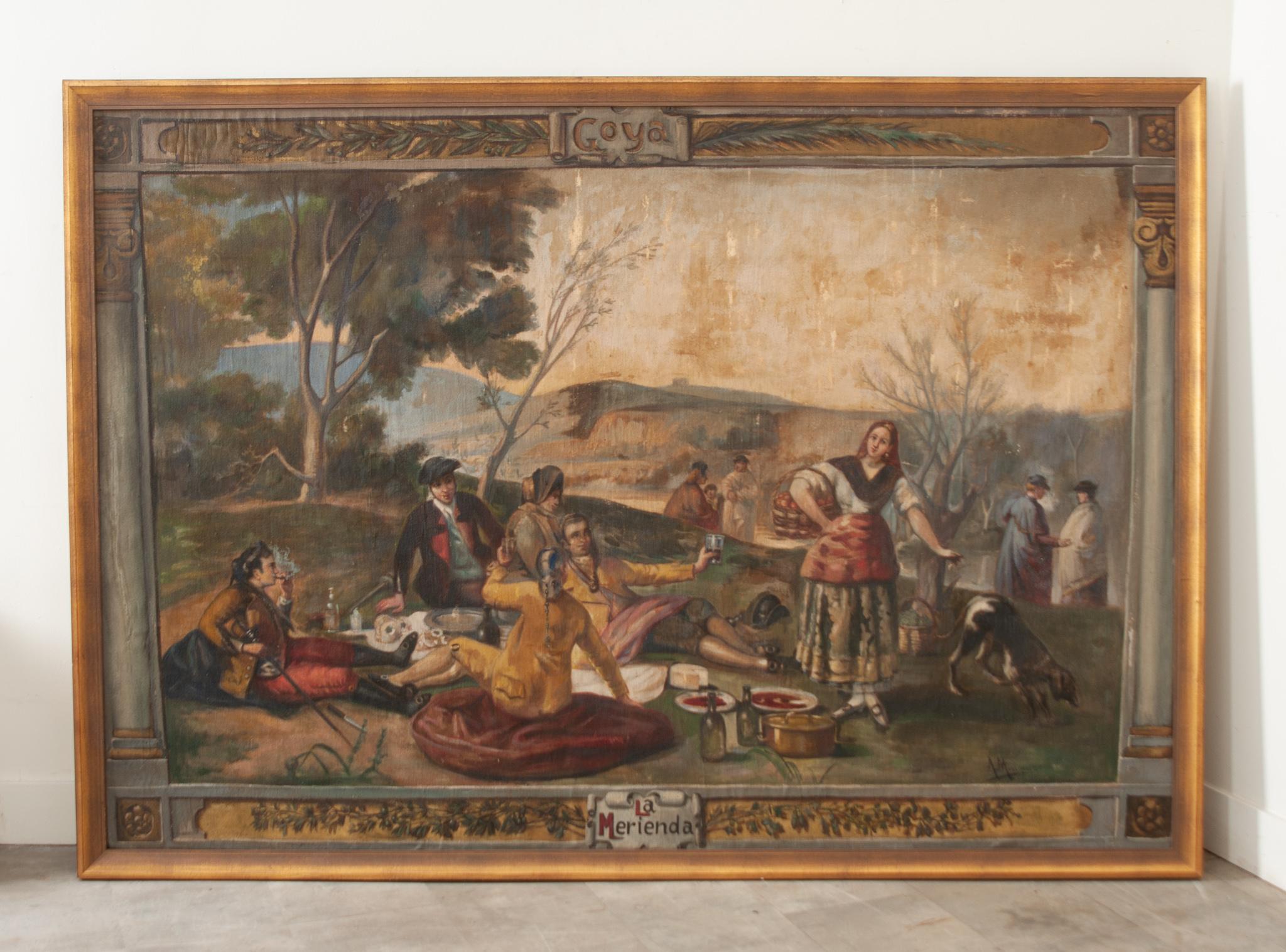 Spanish Colonial Large Framed Painting “La Merienda” by A. Minguez For Sale
