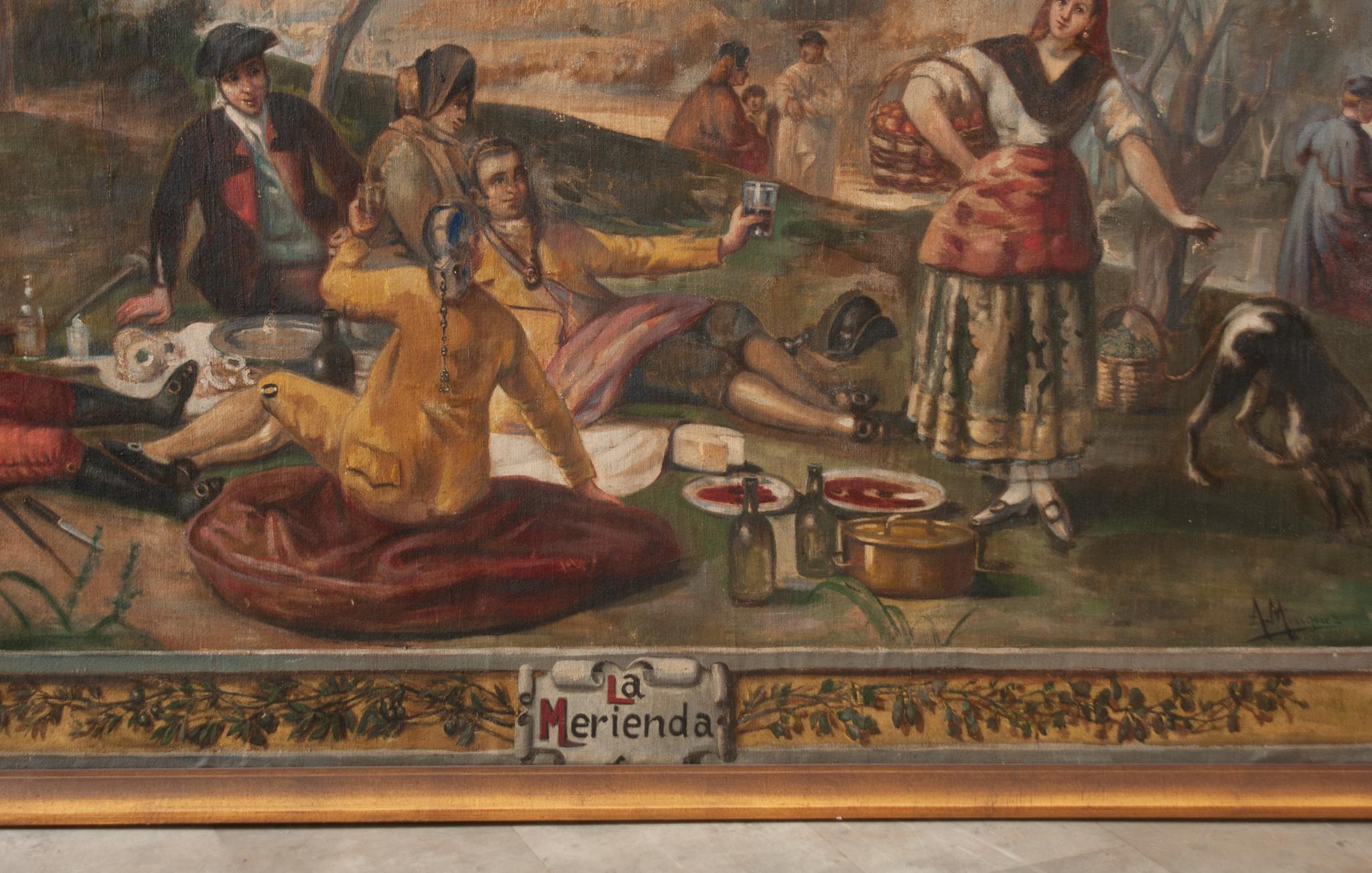 18th Century and Earlier Large Framed Painting “La Merienda” by A. Minguez For Sale