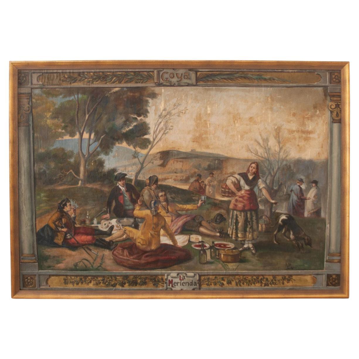 Large Framed Painting “La Merienda” by A. Minguez For Sale