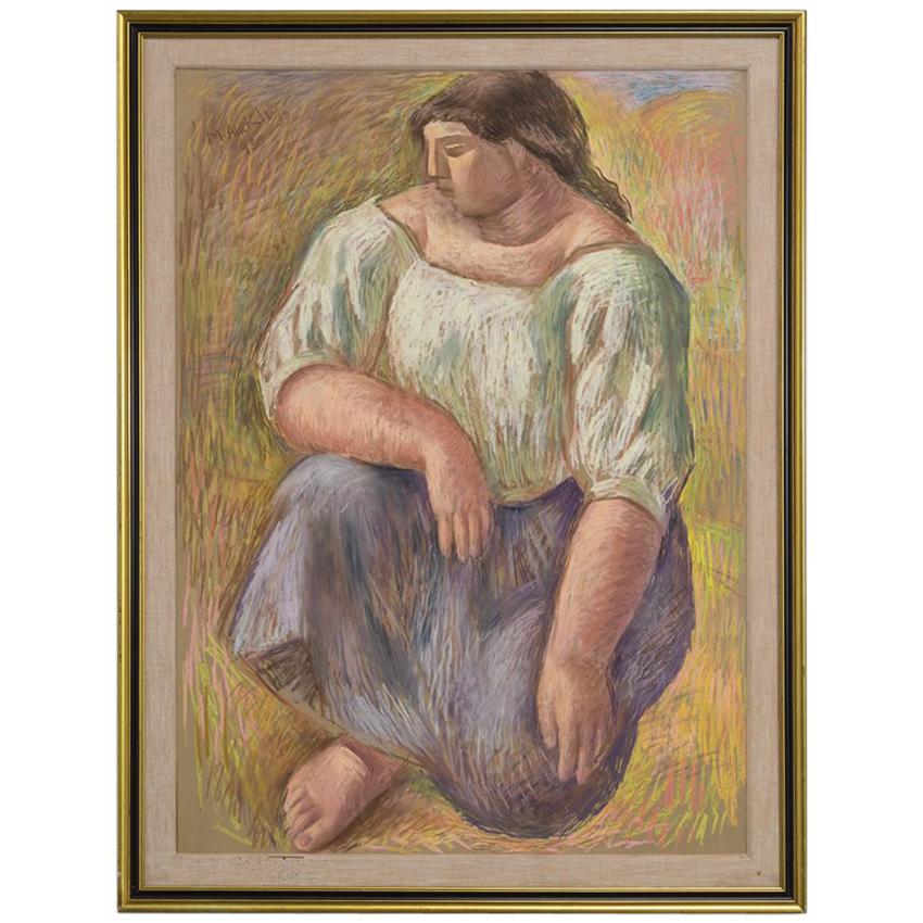 Large Framed Pastel by Mary Audsley Titled Kneeling Woman, 1993 For Sale