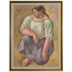 Large Framed Pastel by Mary Audsley Titled Kneeling Woman, 1993