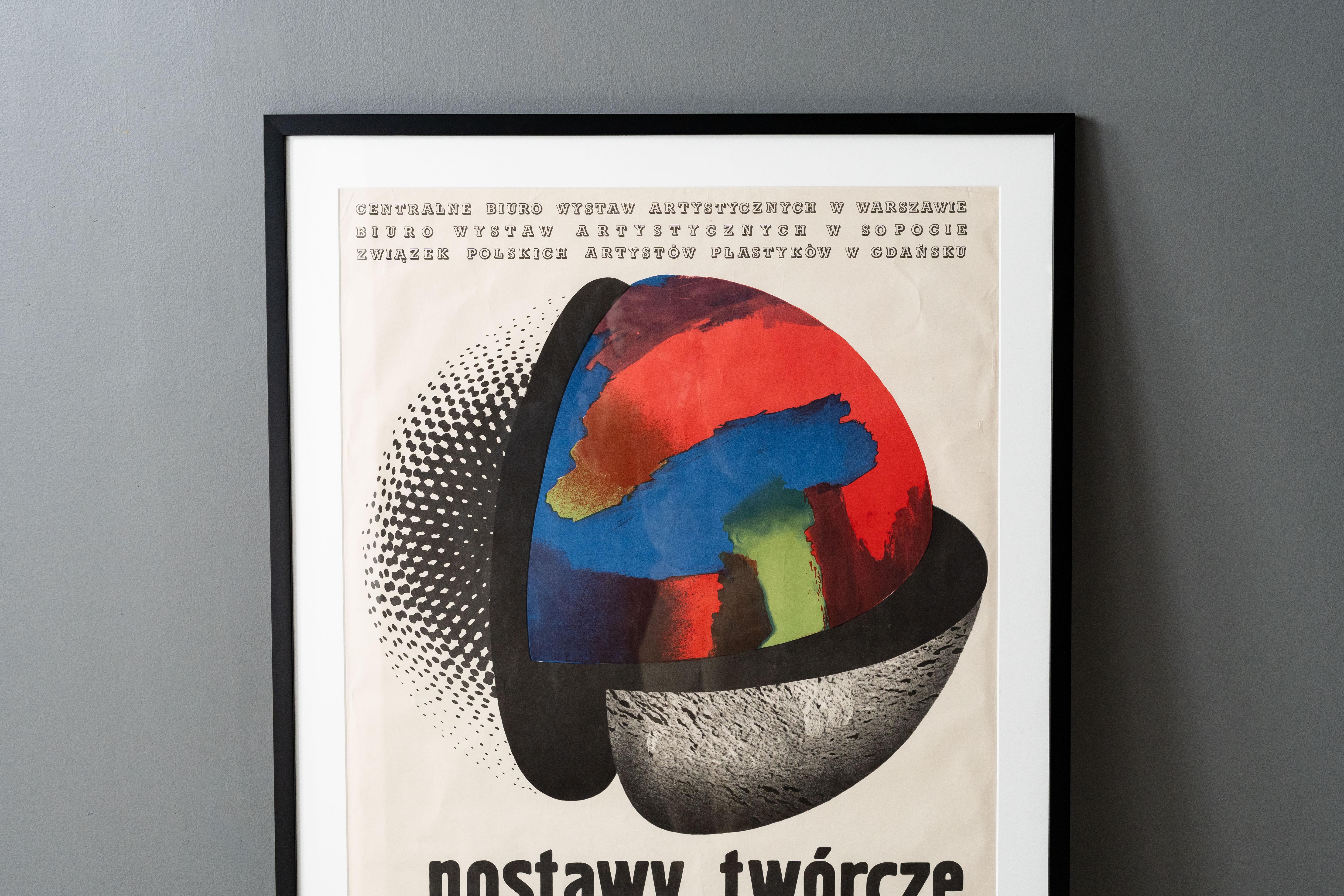 Polonia, hacia la década de 1970. Un gran cartel que promueve las Actitudes Creativas en el Entorno de Gdańsk. Presenta una atrevida ilustración abstracta con una fuente bien estilizada. La exposición, que incluía pintura, escultura y gráficos, tuvo