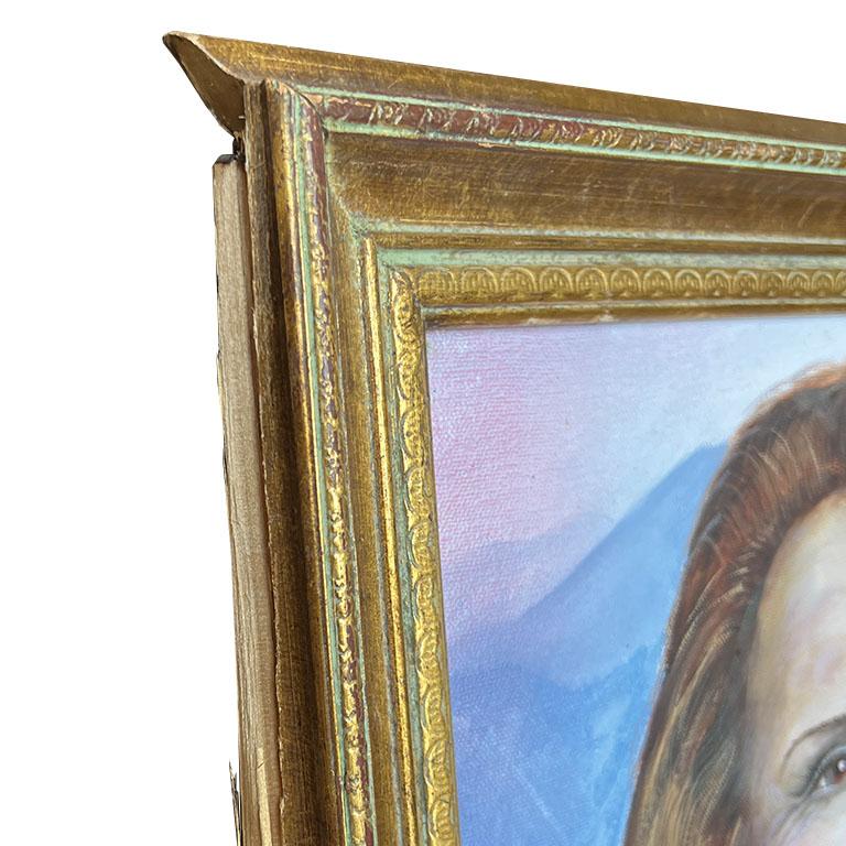 Large Framed Portrait Painting of a Woman at the Great Wall in Green - Signed In Good Condition For Sale In Oklahoma City, OK