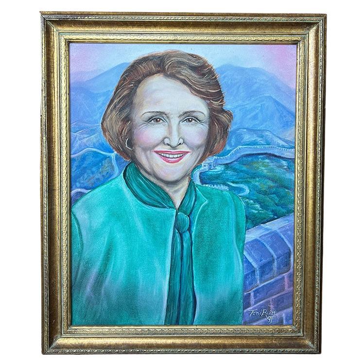 Large Framed Portrait Painting of a Woman at the Great Wall in Green - Signed