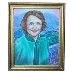 Large Framed Portrait Painting of a Woman at the Great Wall in Green - Signed
