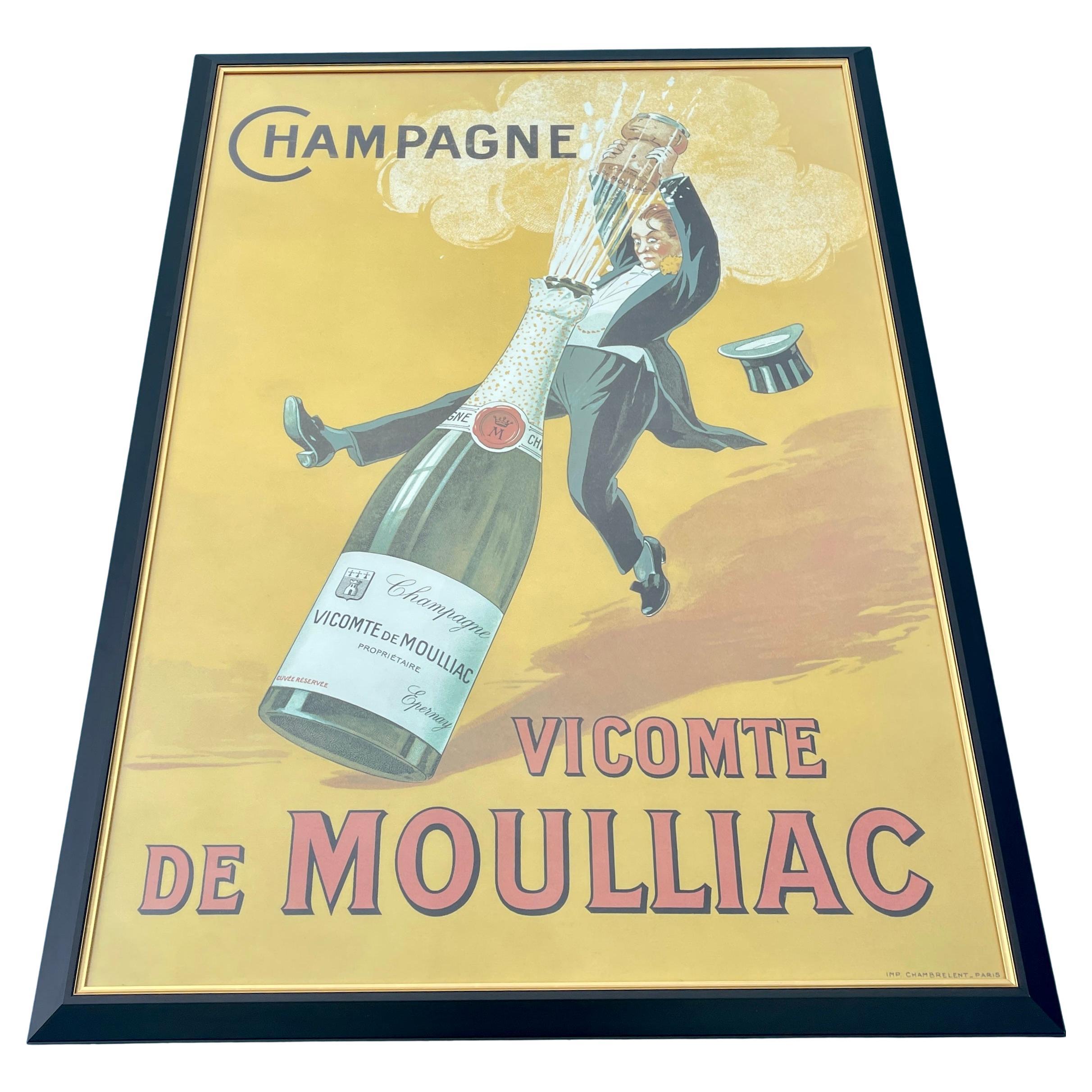 This Vicomte de Moulliac Champagne Poster Was Printed and Framed in the 1980's.

This framed poster is an authentic vintage poster. This item is custom double- framed in matte black and gilt aluminum and is under an acrylic UV plexiglass, which is