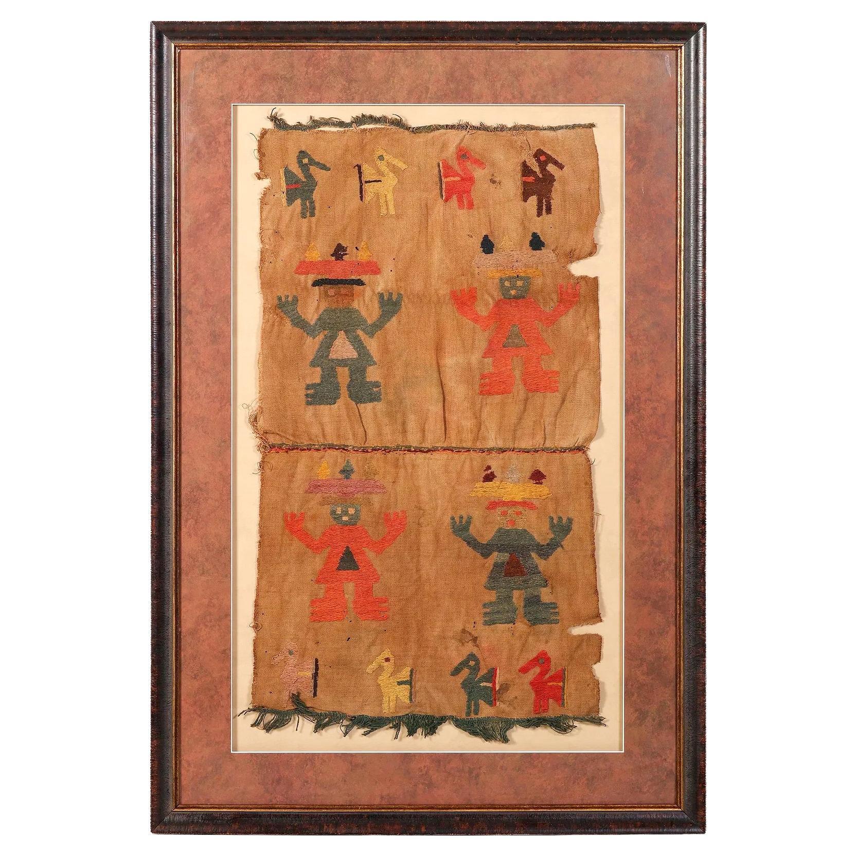 Grand textile brodé Pre-Columbian encadré de la culture Chimu en vente
