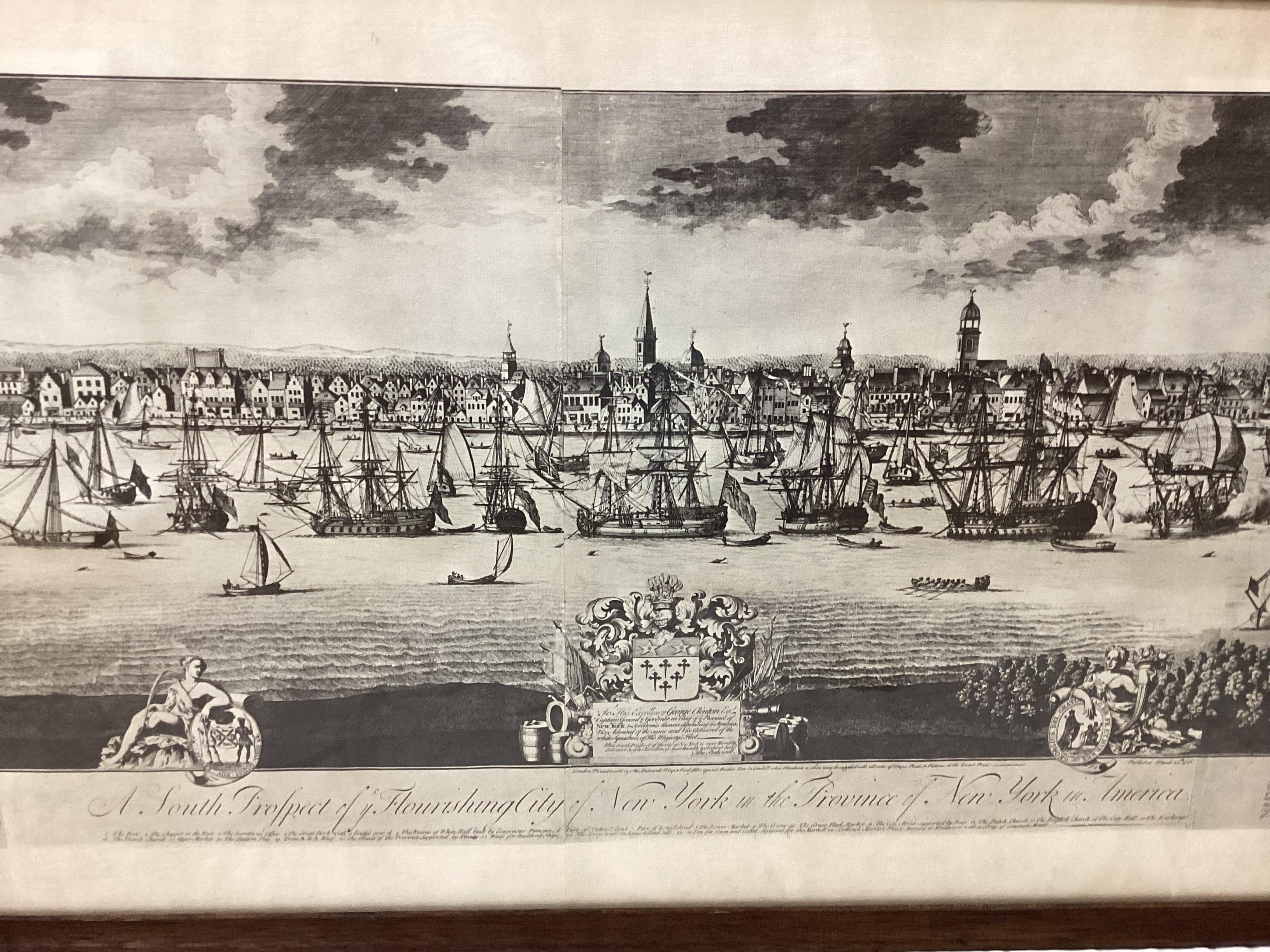 A South Prospect of Ye Flourishing City of New York in the Province of New York. Often referred to as “The Burgis View” after its creator William Burgis, this circa 1717 depiction of Manhattan Island from the vantage point of Brooklyn Heights offers